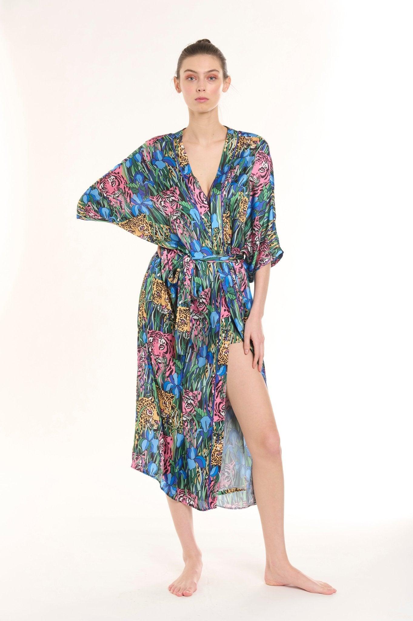 Savannah - Midnight Tiger Satin Nightgown & Robe Set - NOWIHT - Pajamas