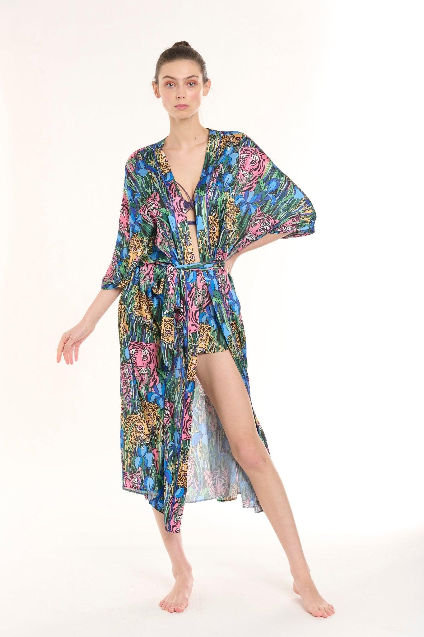 Savannah - Midnight Tiger Satin Nightgown & Robe Set - NOWIHT - Pajamas