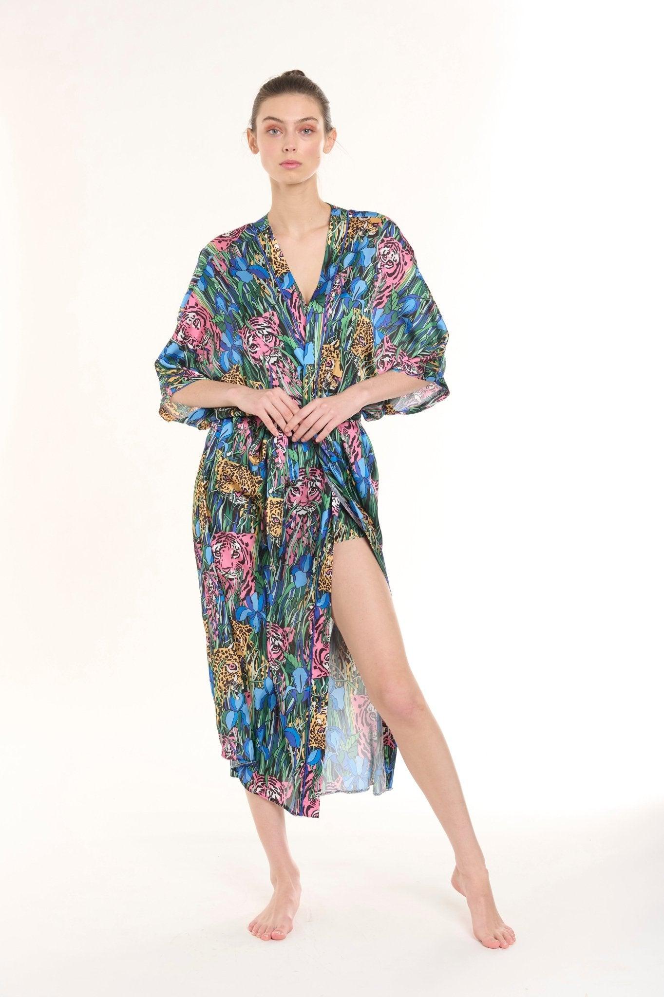 Savannah - Midnight Tiger Satin Nightgown & Robe Set - NOWIHT - Pajamas