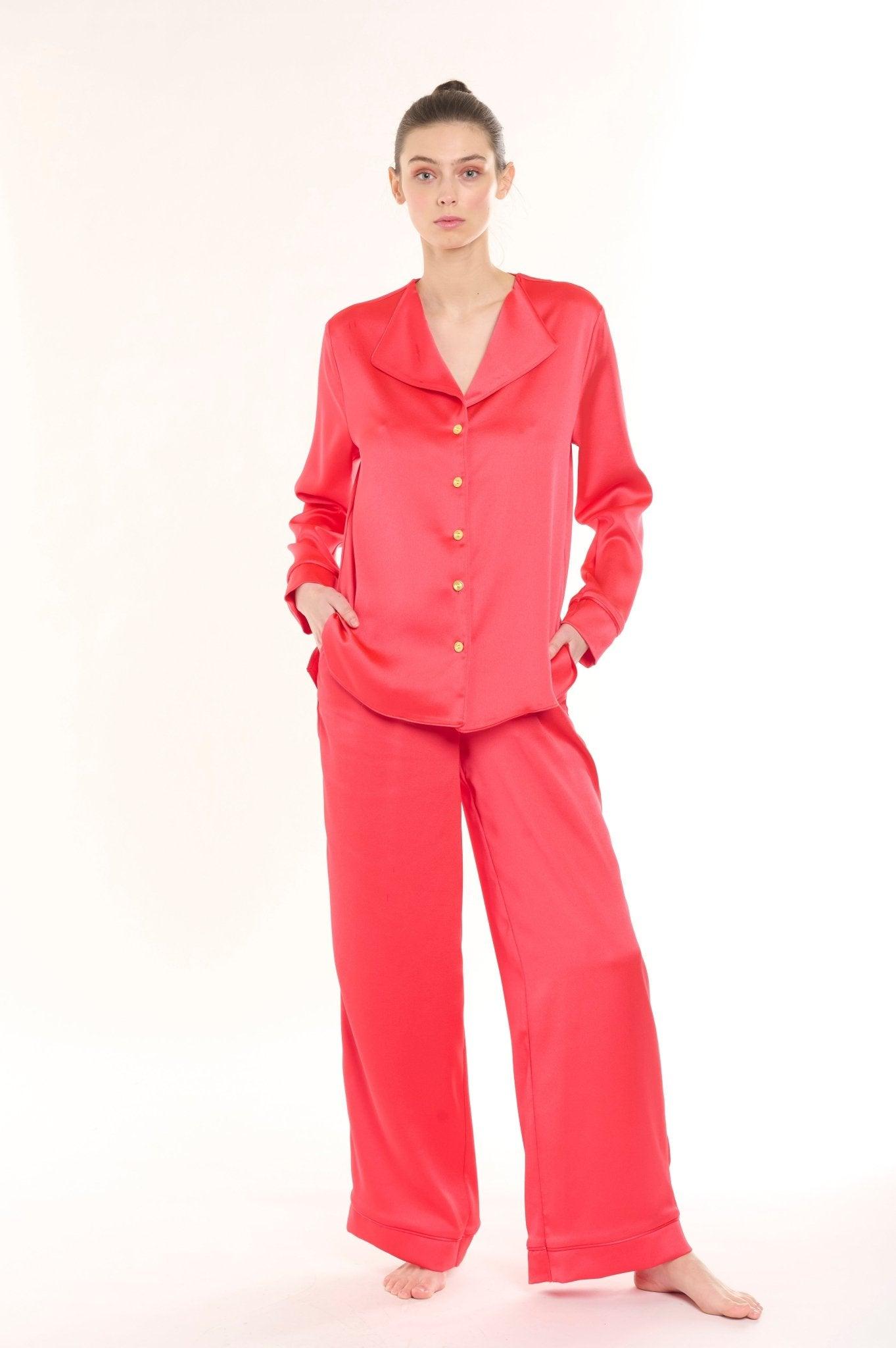 Scarlet - Luxurious Red Silk Satin Pajama Set - NOWIHT - Pajama Set