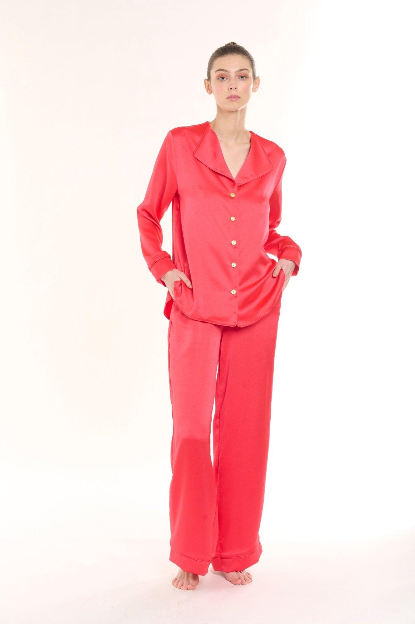 Scarlet - Luxurious Red Silk Satin Pajama Set - NOWIHT - Pajama Set