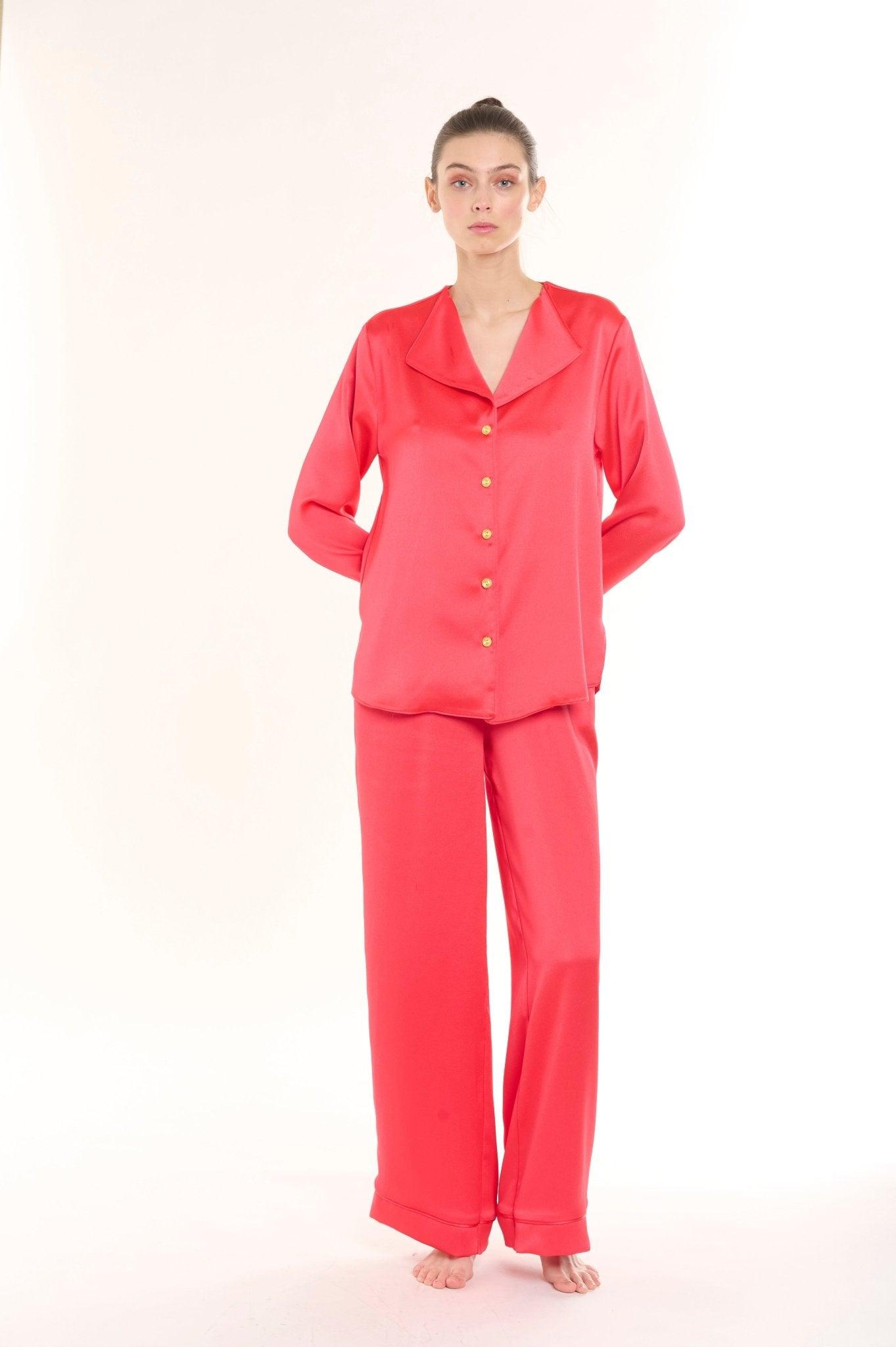 Scarlet - Luxurious Red Silk Satin Pajama Set - NOWIHT - Pajama Set