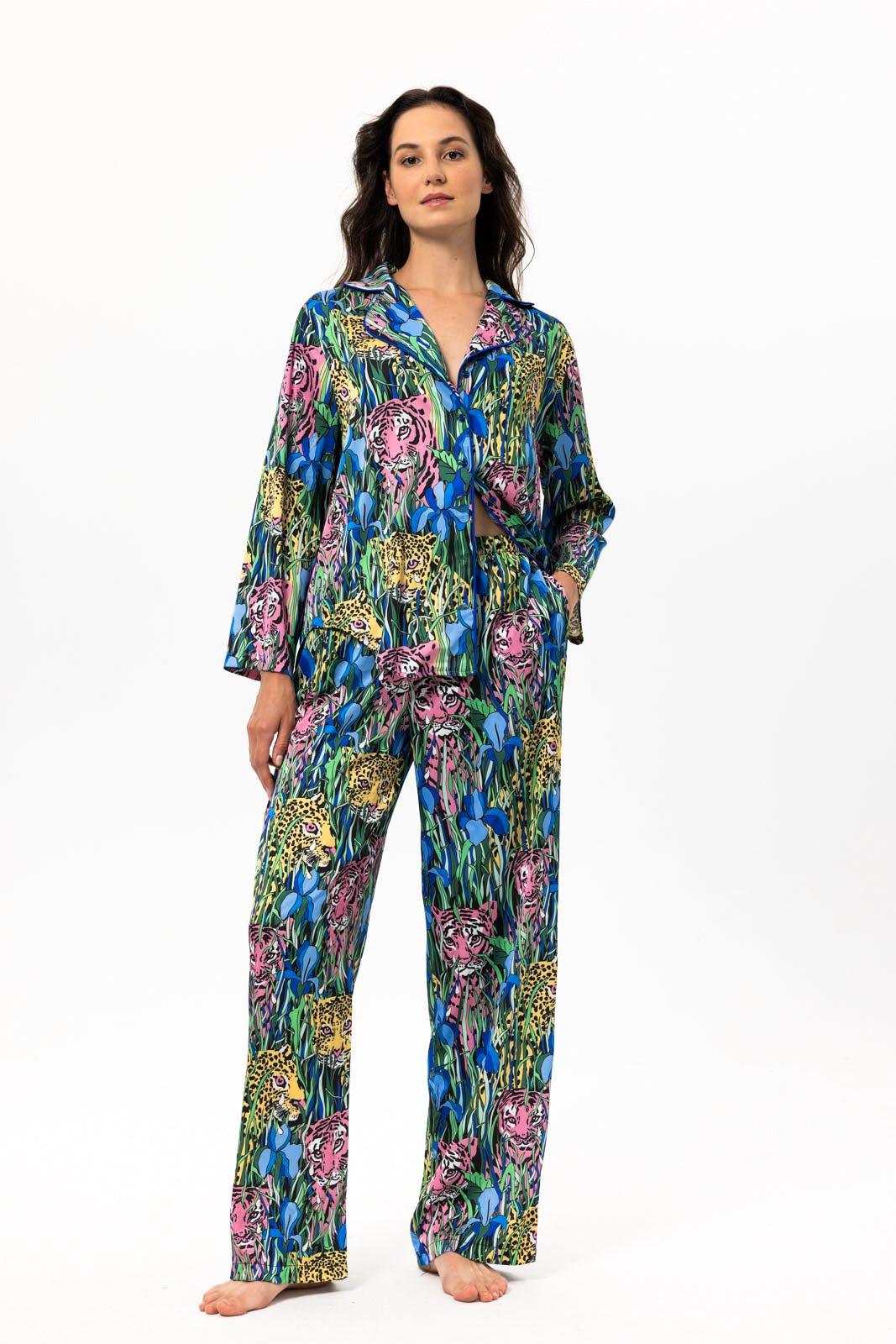 Selena - Exotic Teal Jungle Satin Pajama Set - NOWIHT - Pajama Set