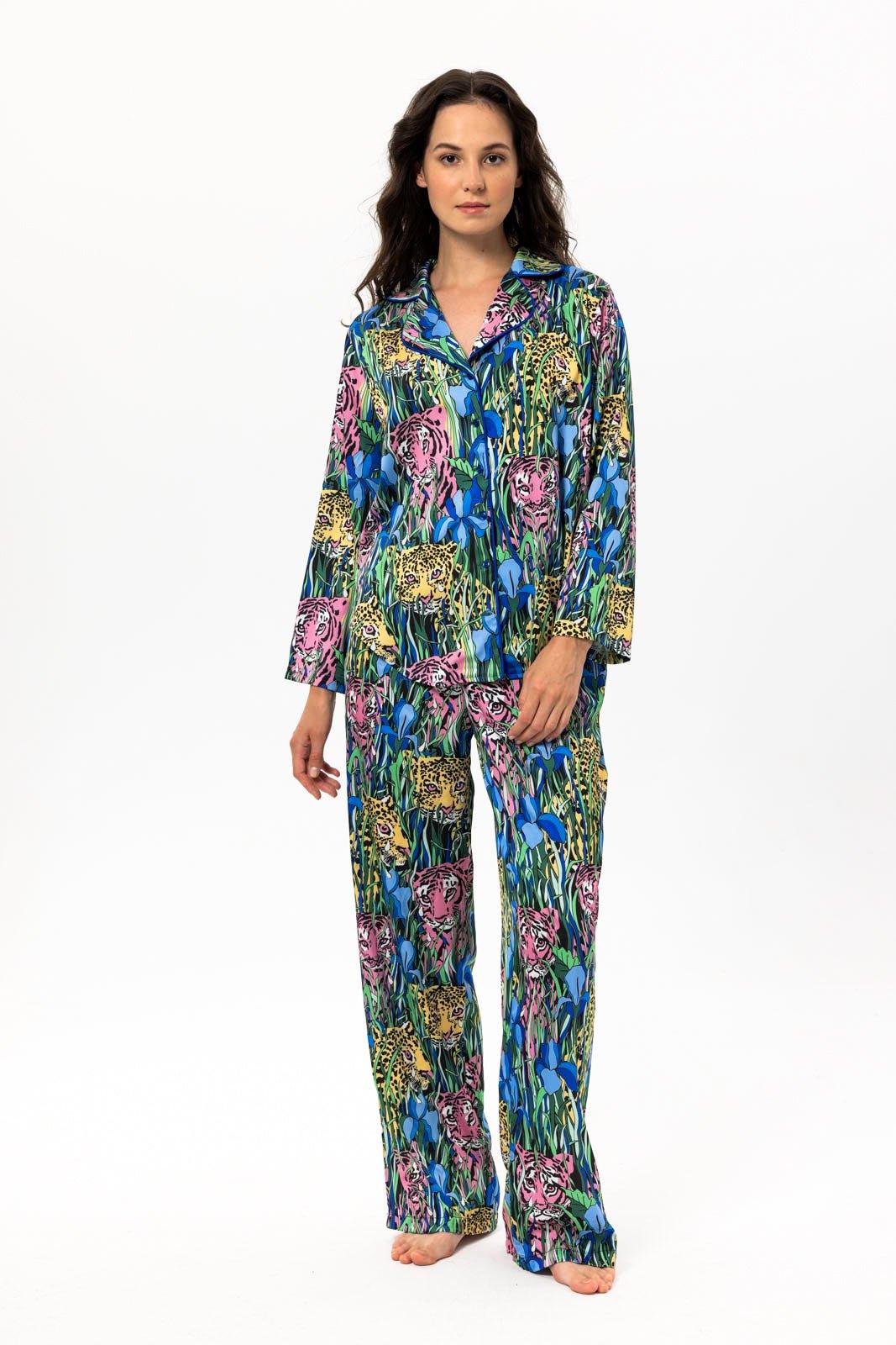 Selena - Exotic Teal Jungle Satin Pajama Set - NOWIHT - Pajama Set