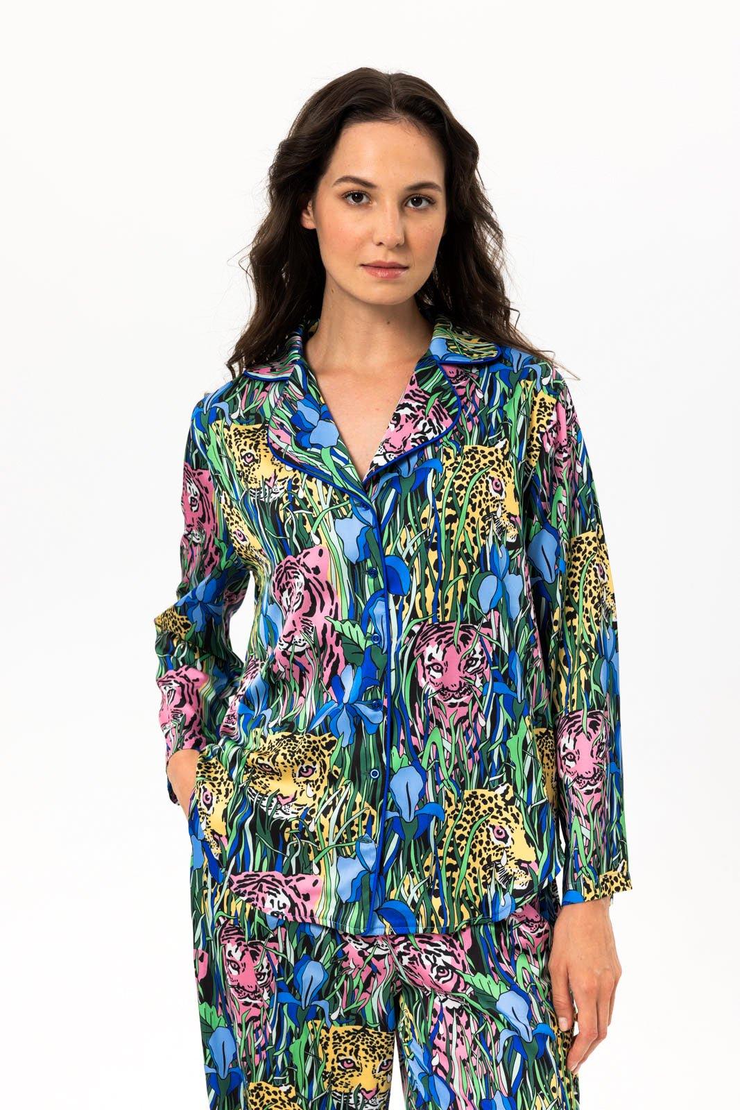 Selena - Exotic Teal Jungle Satin Pajama Set - NOWIHT - Pajama Set