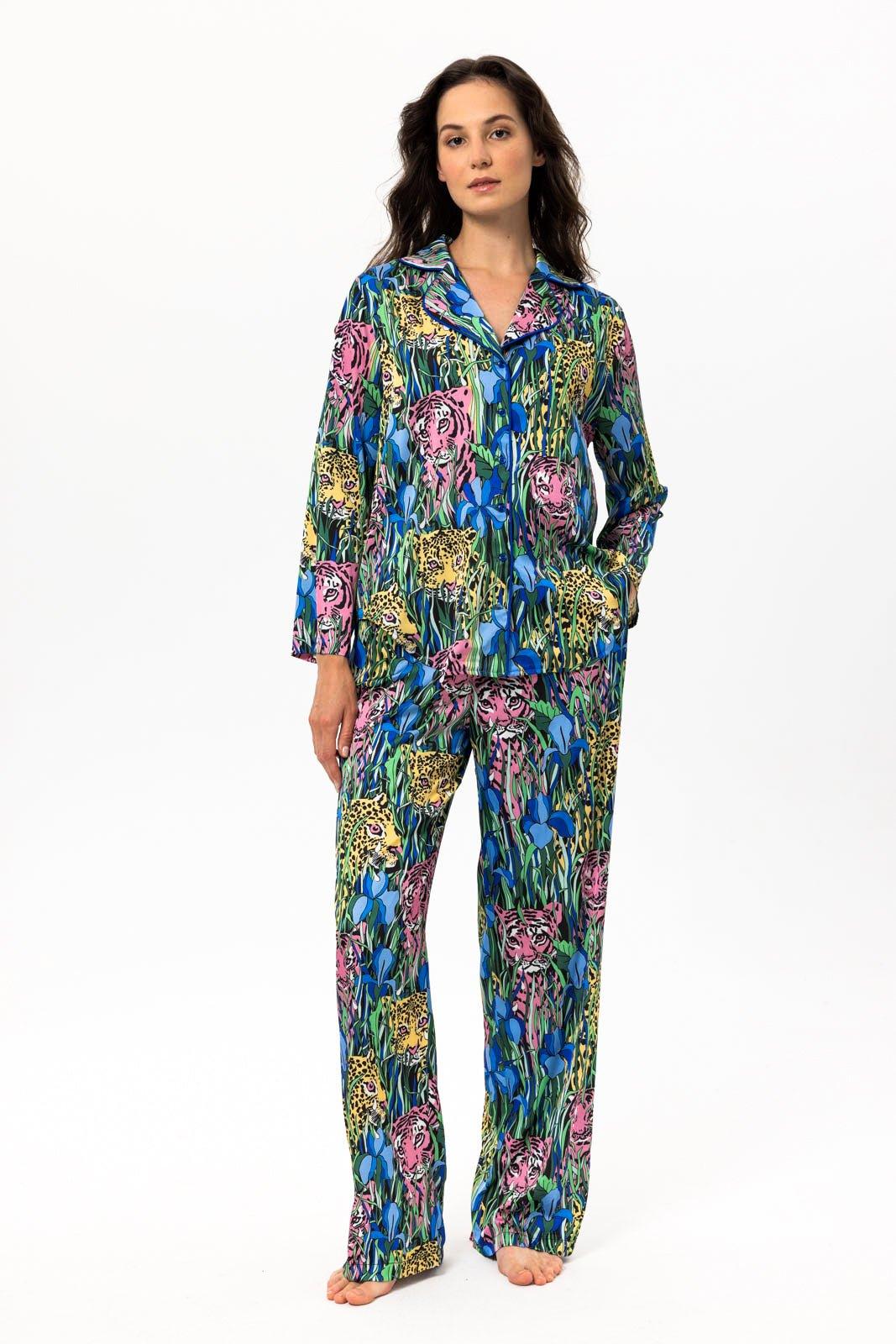 Selena - Exotic Teal Jungle Satin Pajama Set - NOWIHT - Pajama Set