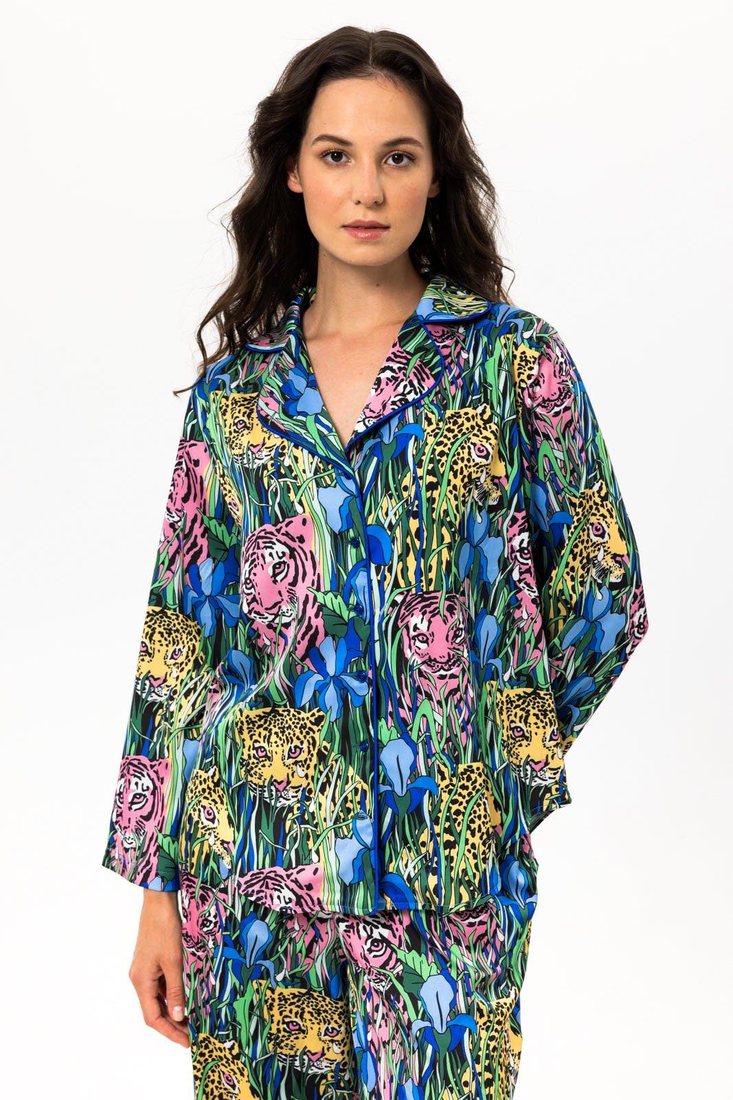 Selena - Exotic Teal Jungle Satin Pajama Set - NOWIHT - Pajama Set