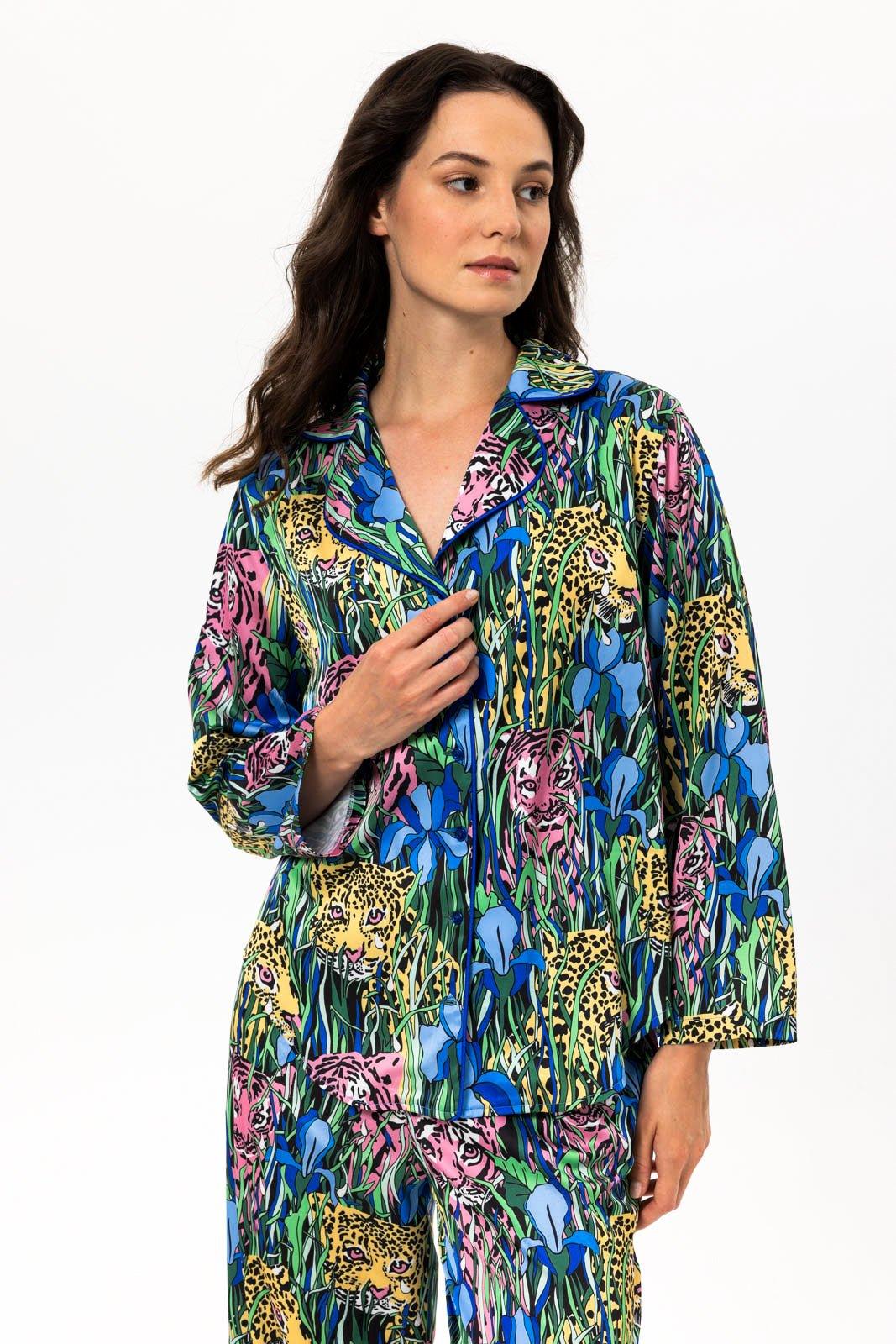 Selena - Exotic Teal Jungle Satin Pajama Set - NOWIHT - Pajama Set