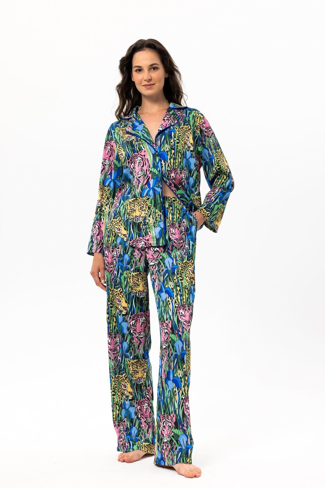 Selena - Exotic Teal Jungle Satin Pajama Set - NOWIHT - Pajama Set