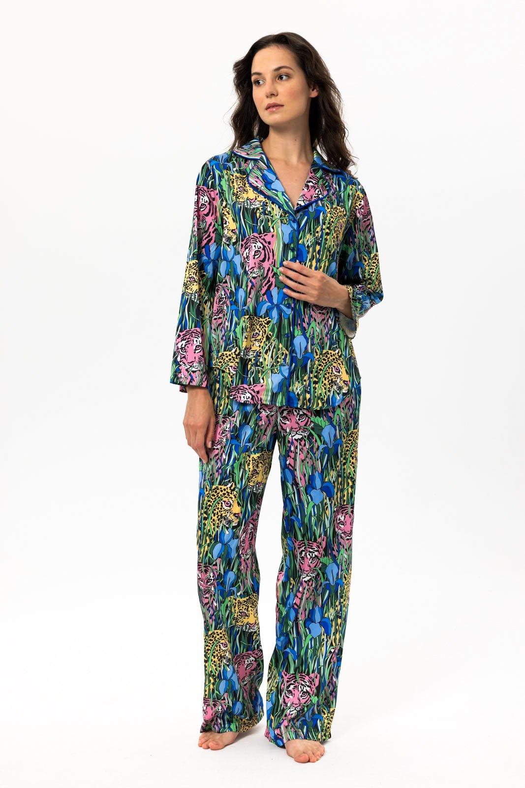 Selena - Exotic Teal Jungle Satin Pajama Set - NOWIHT - Pajama Set