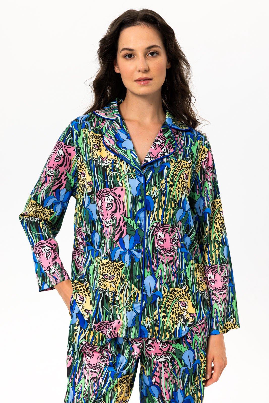 Selena - Exotic Teal Jungle Satin Pajama Set - NOWIHT - Pajama Set