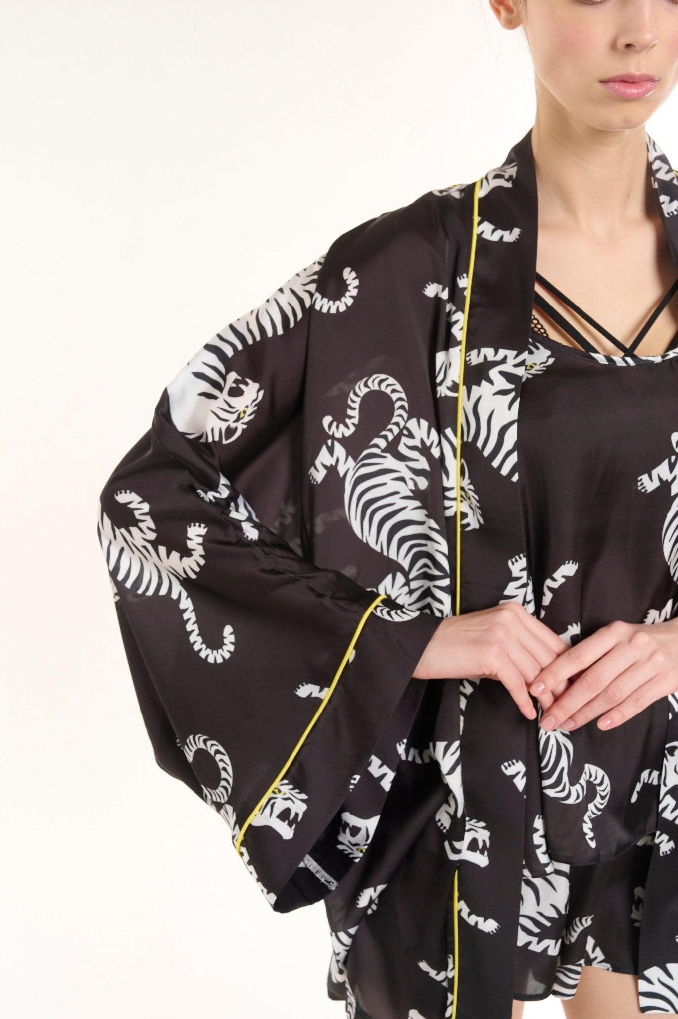 Selene - Black Zebra Satin Kimono, Tank Top & Shorts Set - NOWIHT - Pajamas