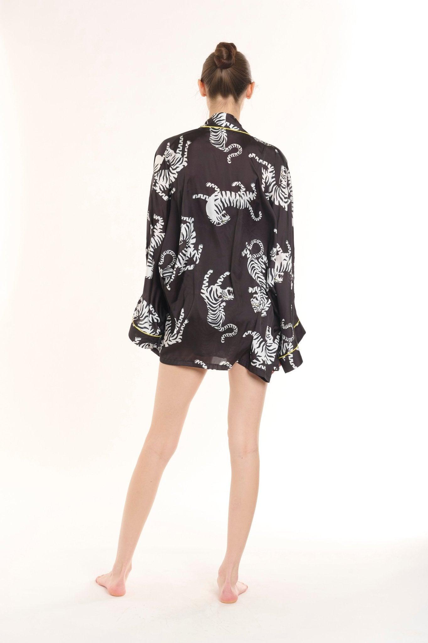 Selene - Black Zebra Satin Kimono, Tank Top & Shorts Set - NOWIHT - Pajamas