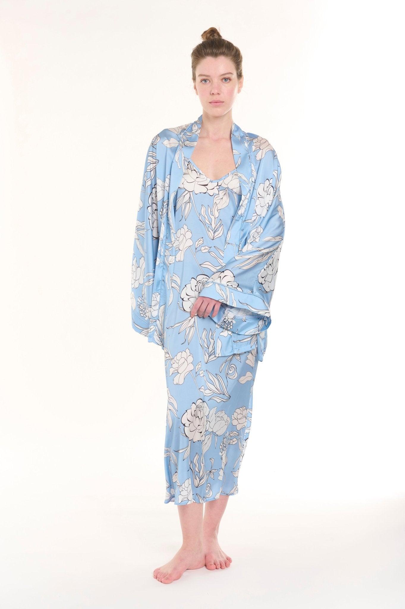 Seraphim - Baby Blue Floral Satin Robe & Nightgown Set - NOWIHT - Pajamas