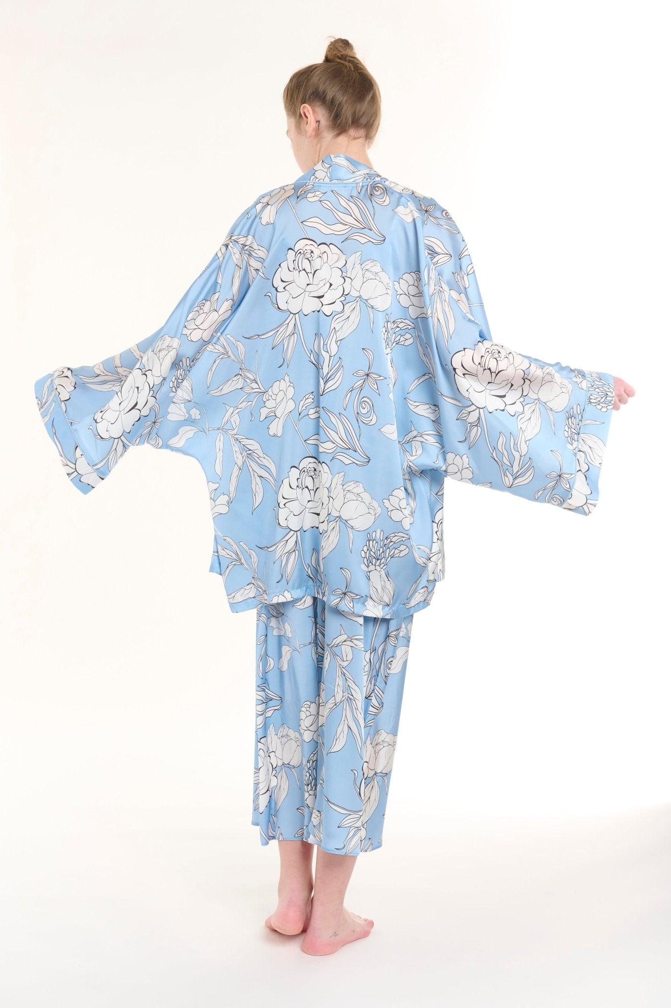 Seraphim - Baby Blue Floral Satin Robe & Nightgown Set - NOWIHT - Pajamas