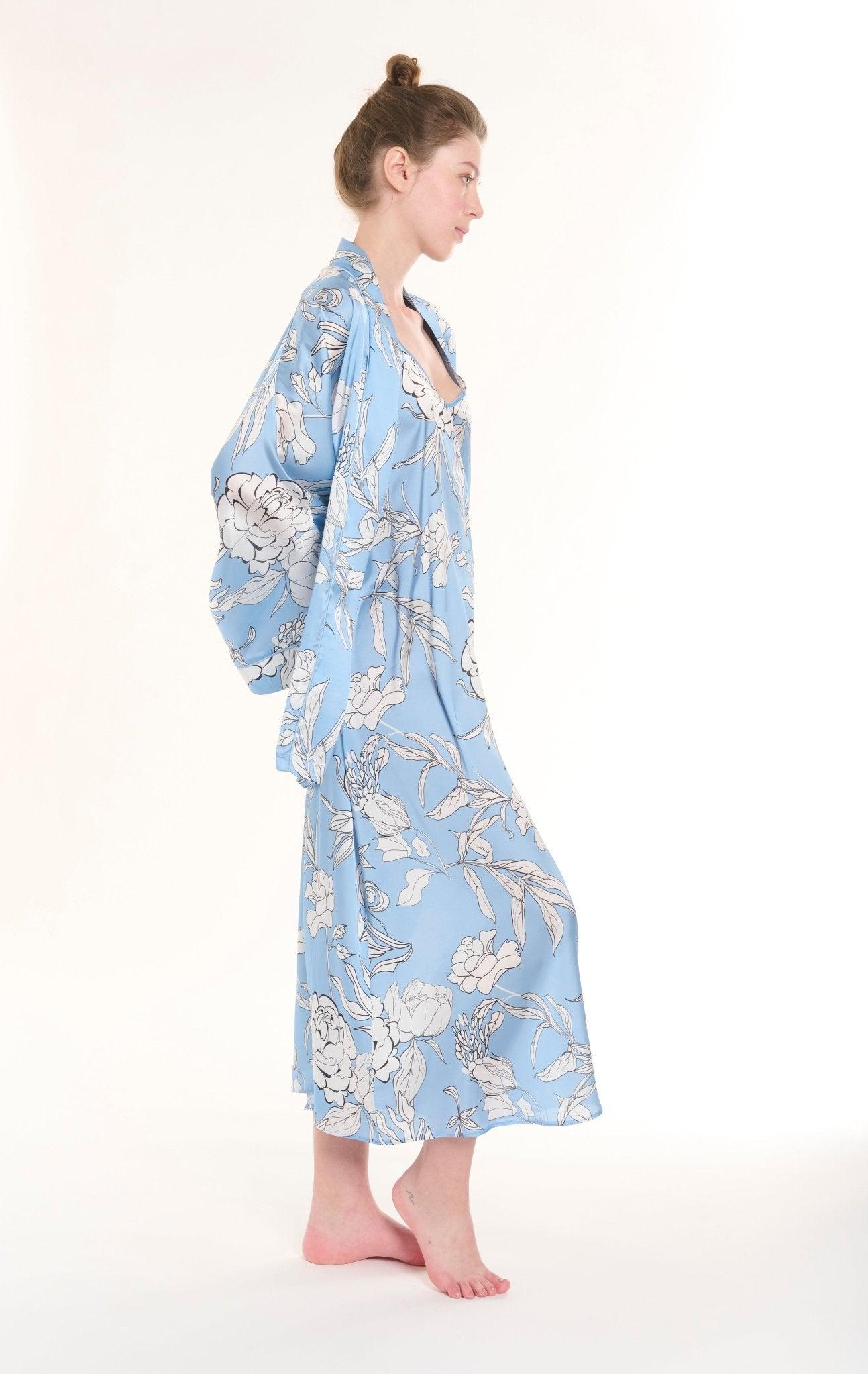 Seraphim - Baby Blue Floral Satin Robe & Nightgown Set - NOWIHT - Pajamas