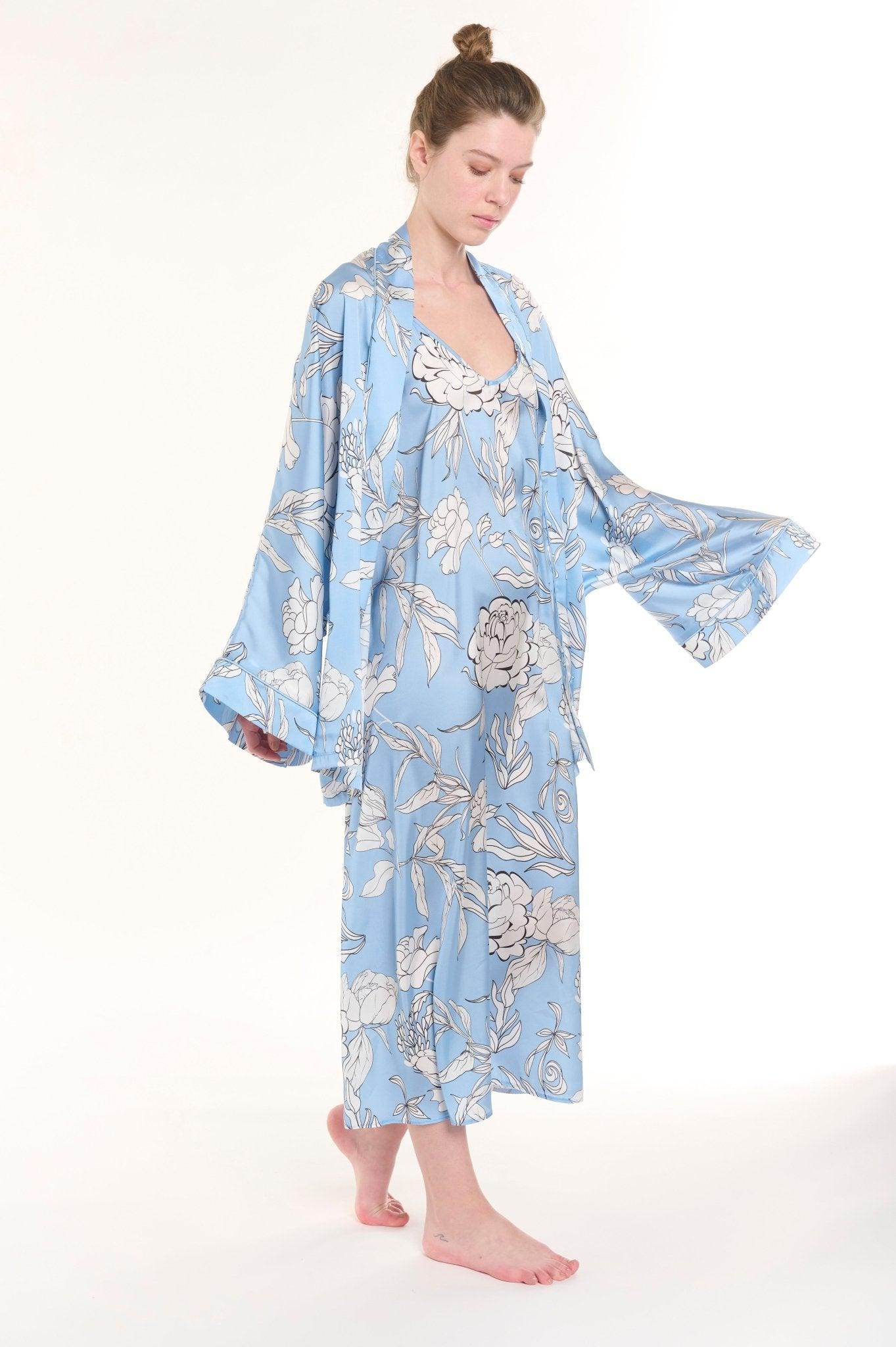 Seraphim - Baby Blue Floral Satin Robe & Nightgown Set - NOWIHT - Pajamas