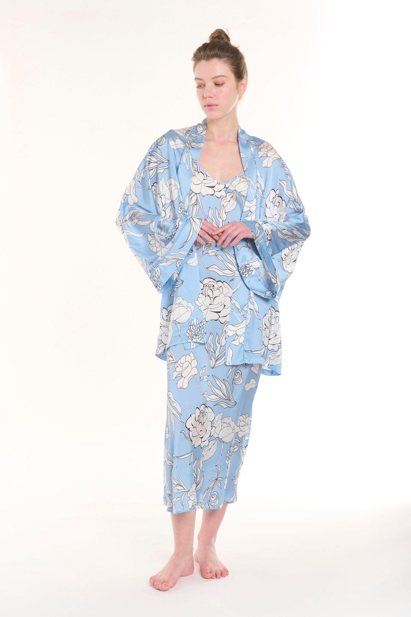 Seraphim - Baby Blue Floral Satin Robe & Nightgown Set - NOWIHT - Pajamas