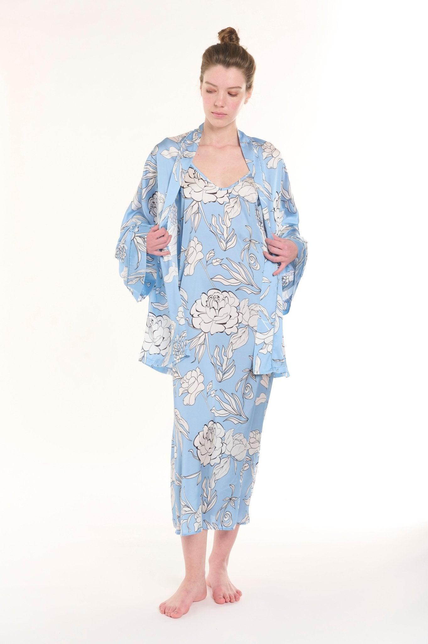 Seraphim - Baby Blue Floral Satin Robe & Nightgown Set - NOWIHT - Pajamas