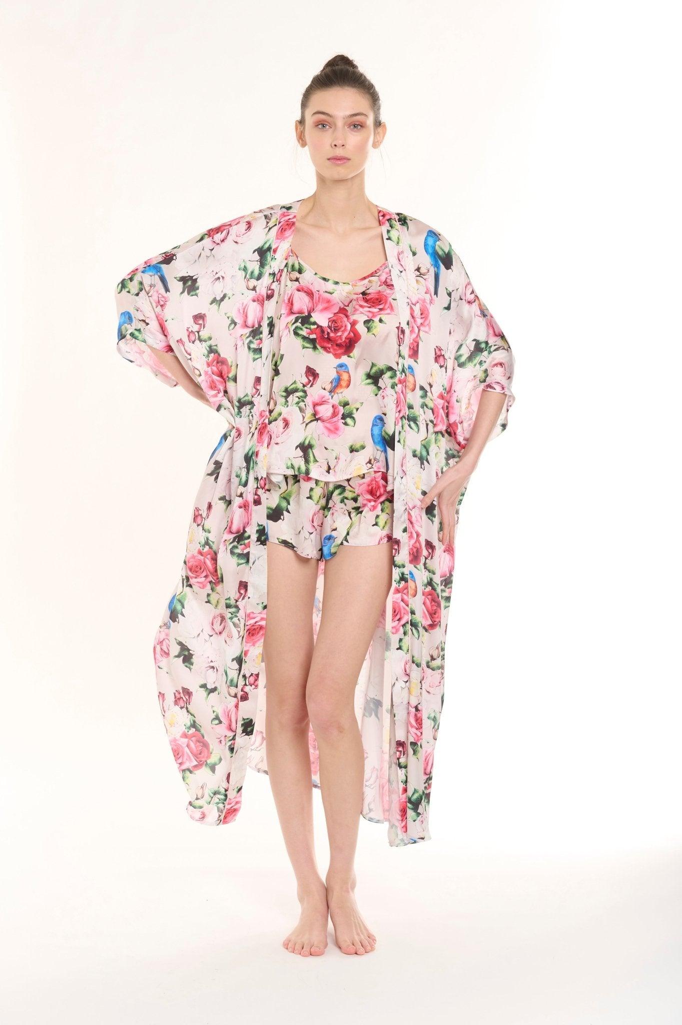 Seraphine - White Satin Kimono Robe & Shorts Set - NOWIHT - Pajamas