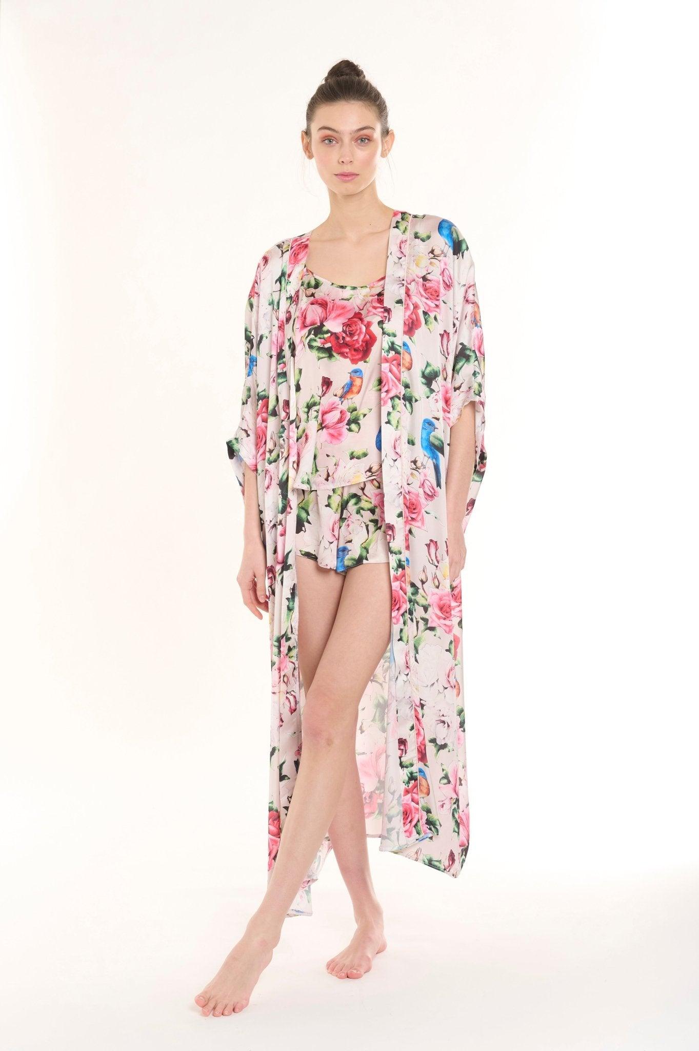 Seraphine - White Satin Kimono Robe & Shorts Set - NOWIHT - Pajamas