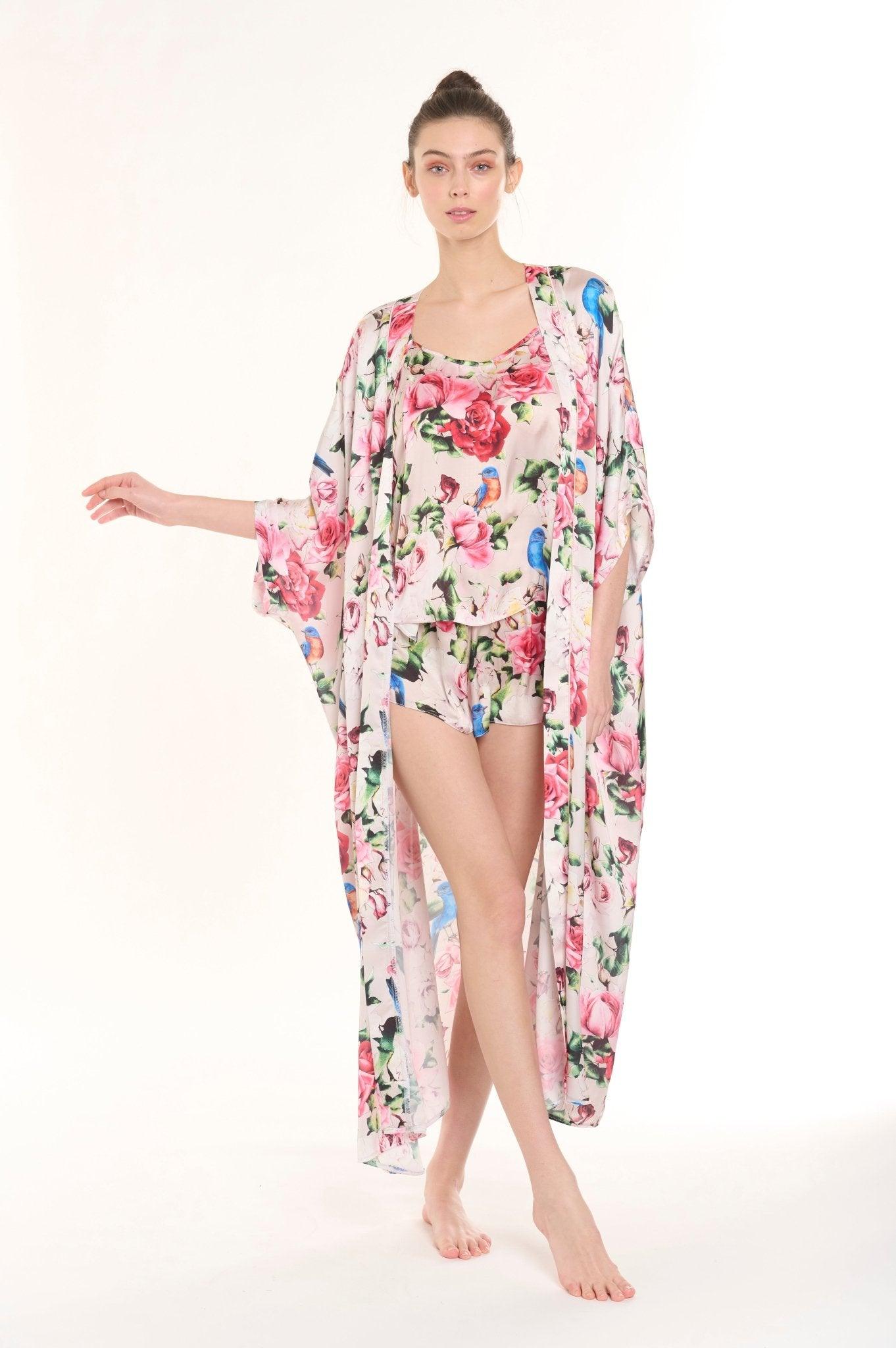 Seraphine - White Satin Kimono Robe & Shorts Set - NOWIHT - Pajamas