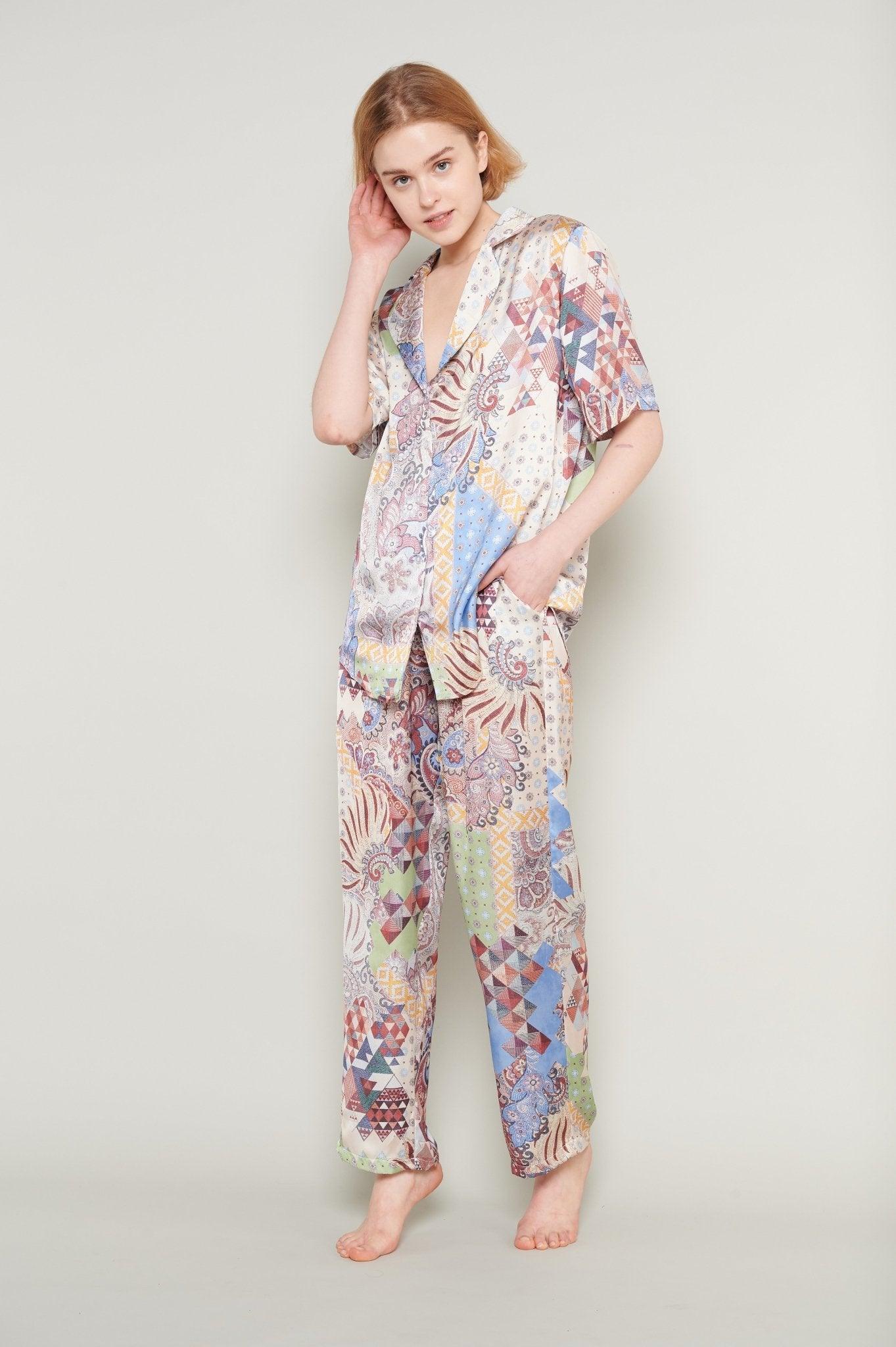 Sienna - Patchwork Extravaganza Satin Pajama Set - NOWIHT - Pajamas