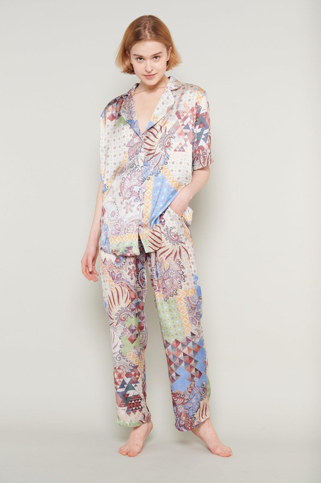 Sienna - Patchwork Extravaganza Satin Pajama Set - NOWIHT - Pajamas