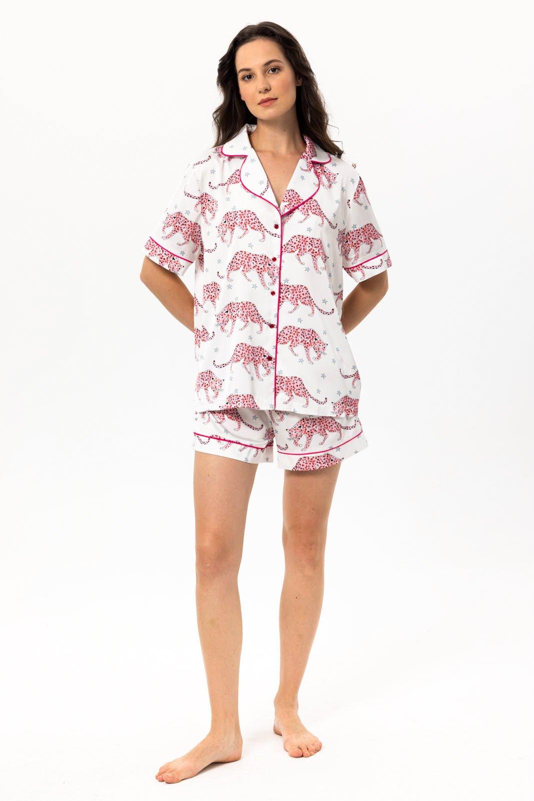 Sofia - Playful Leopard Satin Pajama Set - NOWIHT - Pajamas