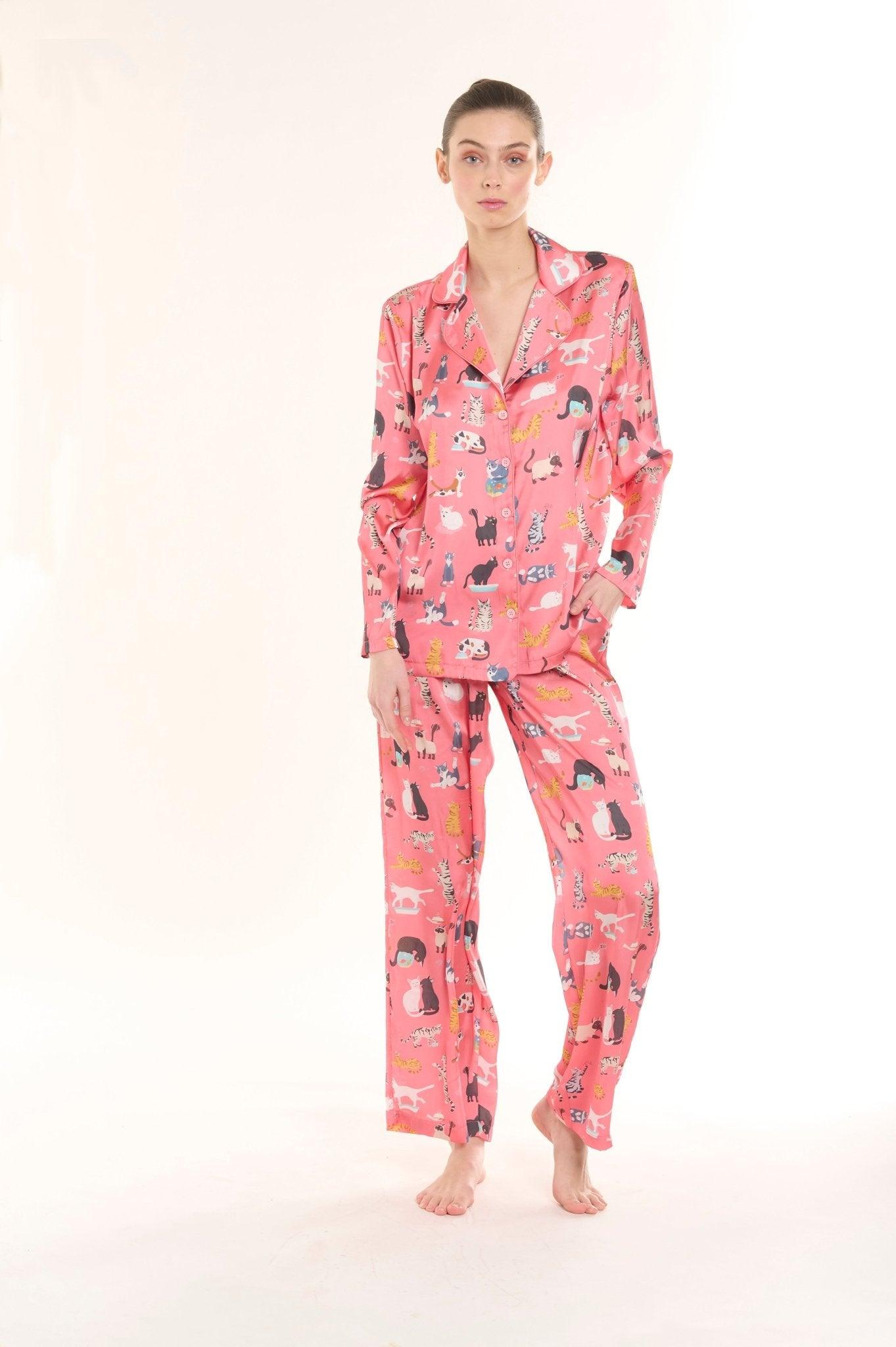 Tabitha - Whimsical Coral Catnap Satin Pajama Set - NOWIHT - Pajama Set