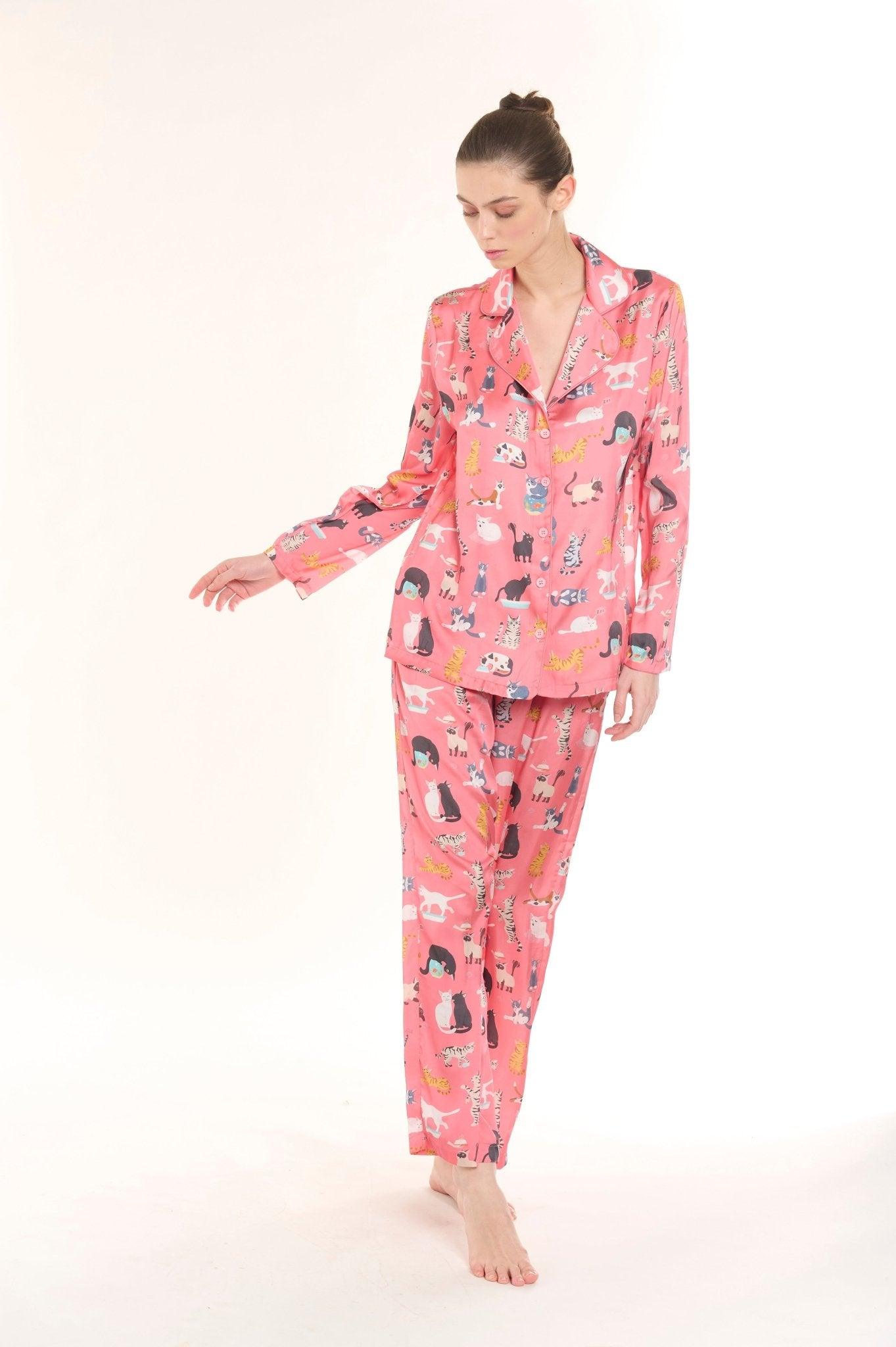 Tabitha - Whimsical Coral Catnap Satin Pajama Set - NOWIHT - Pajama Set