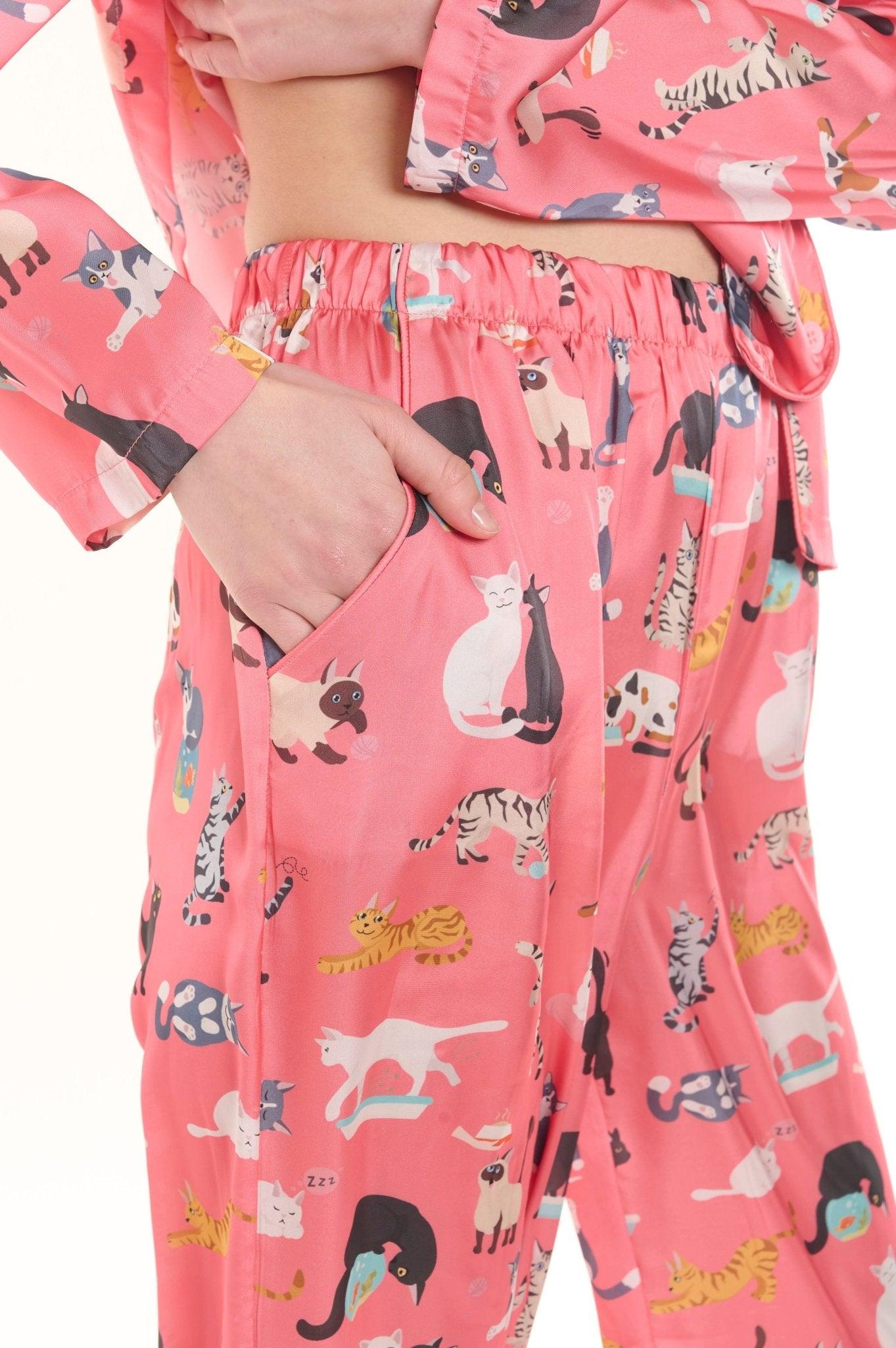 Tabitha - Whimsical Coral Catnap Satin Pajama Set - NOWIHT - Pajama Set