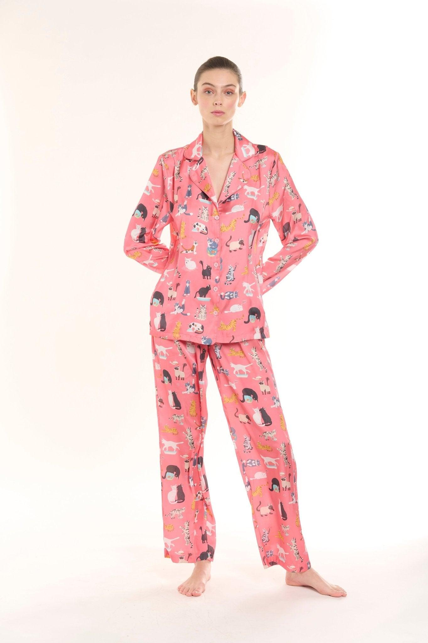 Tabitha - Whimsical Coral Catnap Satin Pajama Set - NOWIHT - Pajama Set