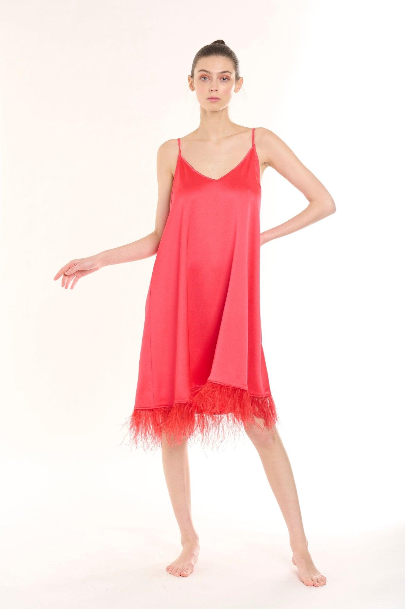 Talia - Scarlet Feather Trim Satin Nightgown - NOWIHT - Nightgowns