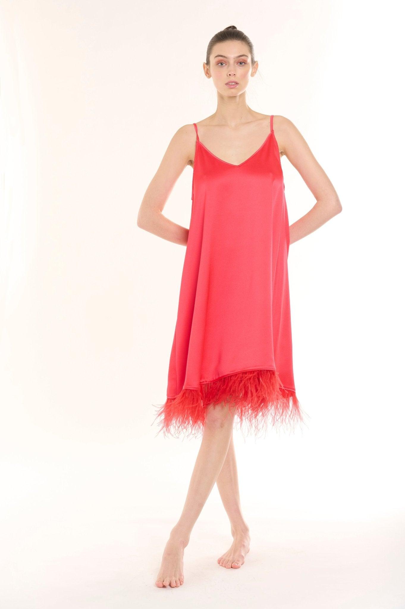 Talia - Scarlet Feather Trim Satin Nightgown - NOWIHT - Nightgowns