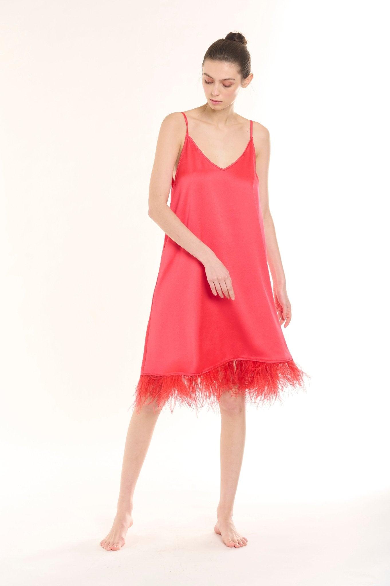 Talia - Scarlet Feather Trim Satin Nightgown - NOWIHT - Nightgowns