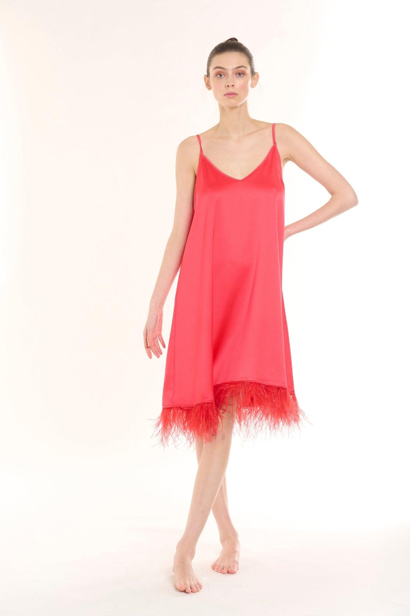 Talia - Scarlet Feather Trim Satin Nightgown - NOWIHT - Nightgowns