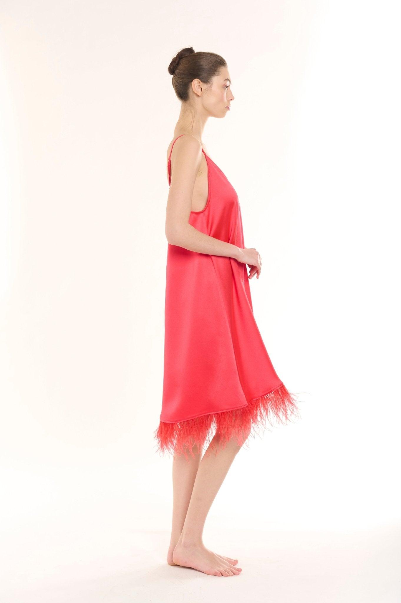 Talia - Scarlet Feather Trim Satin Nightgown - NOWIHT - Nightgowns