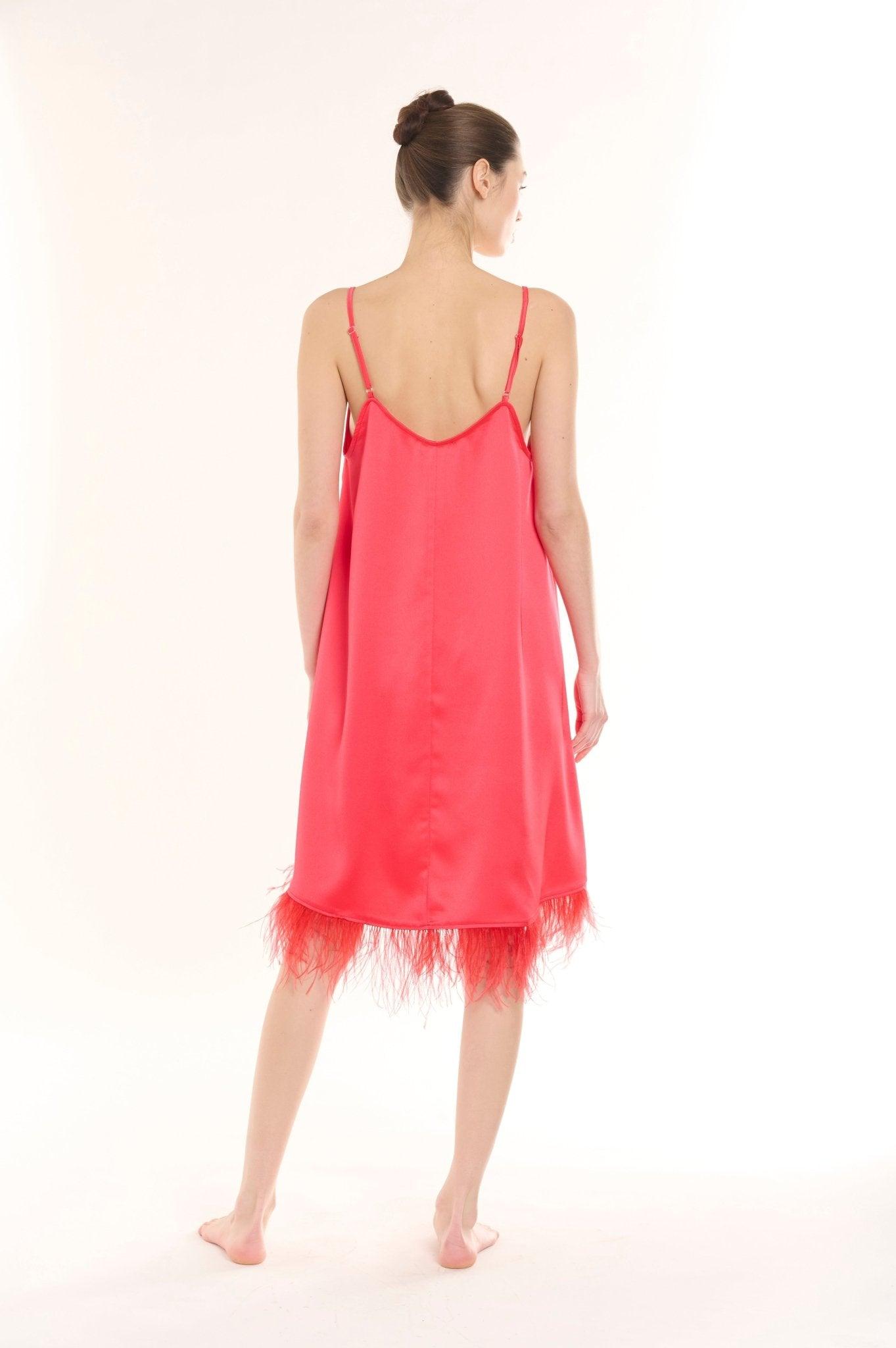 Talia - Scarlet Feather Trim Satin Nightgown - NOWIHT - Nightgowns