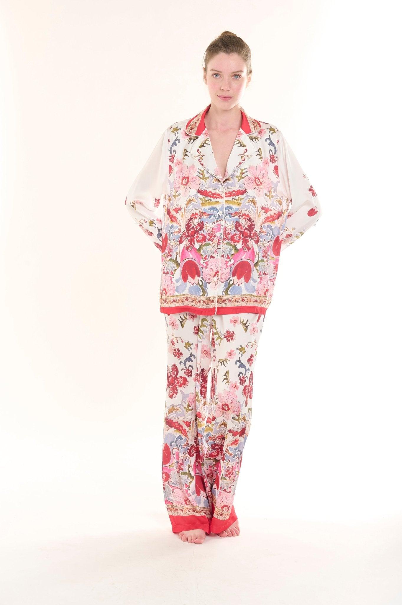 Valentina - Vivid Garden Delight Satin Pajama Set - NOWIHT - Pajama Set