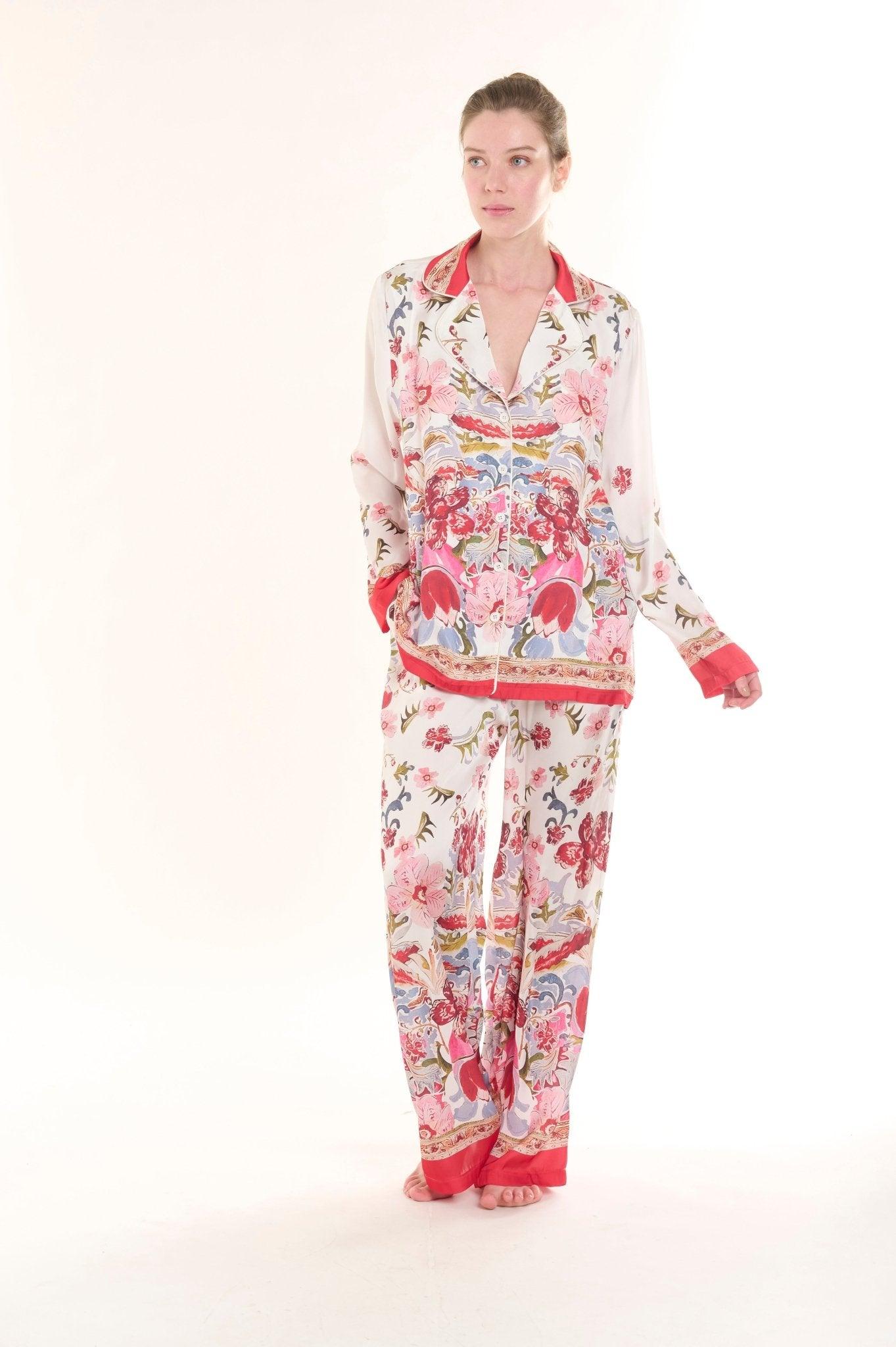 Valentina - Vivid Garden Delight Satin Pajama Set - NOWIHT - Pajama Set