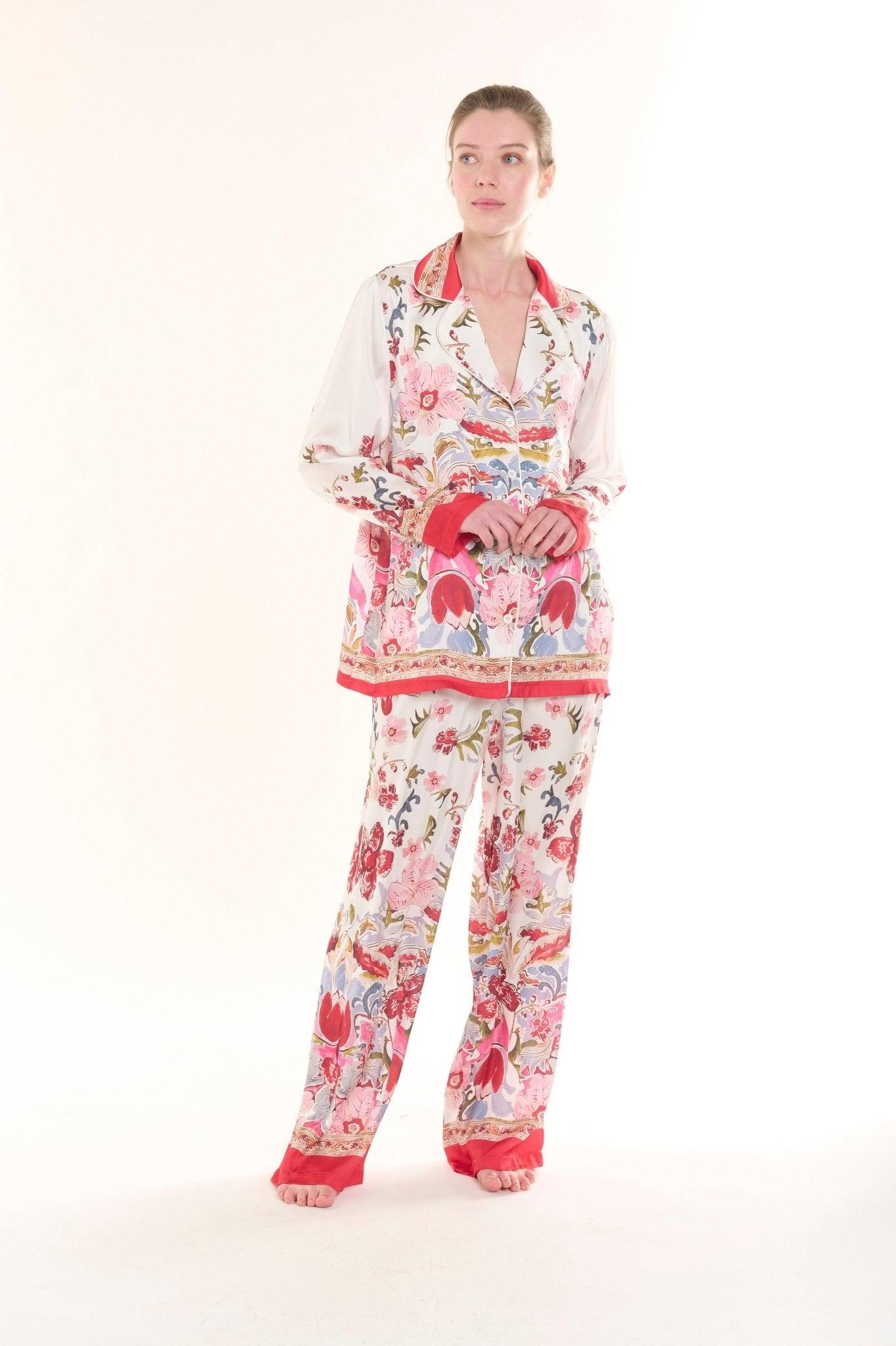 Valentina - Vivid Garden Delight Satin Pajama Set - NOWIHT - Pajama Set