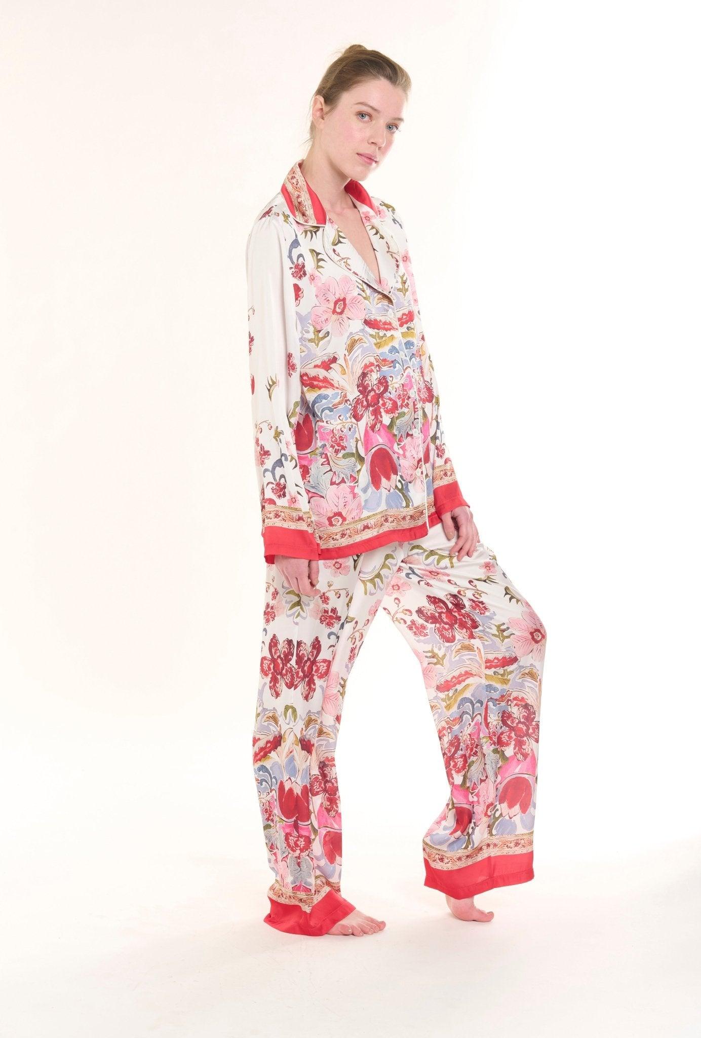 Valentina - Vivid Garden Delight Satin Pajama Set - NOWIHT - Pajama Set