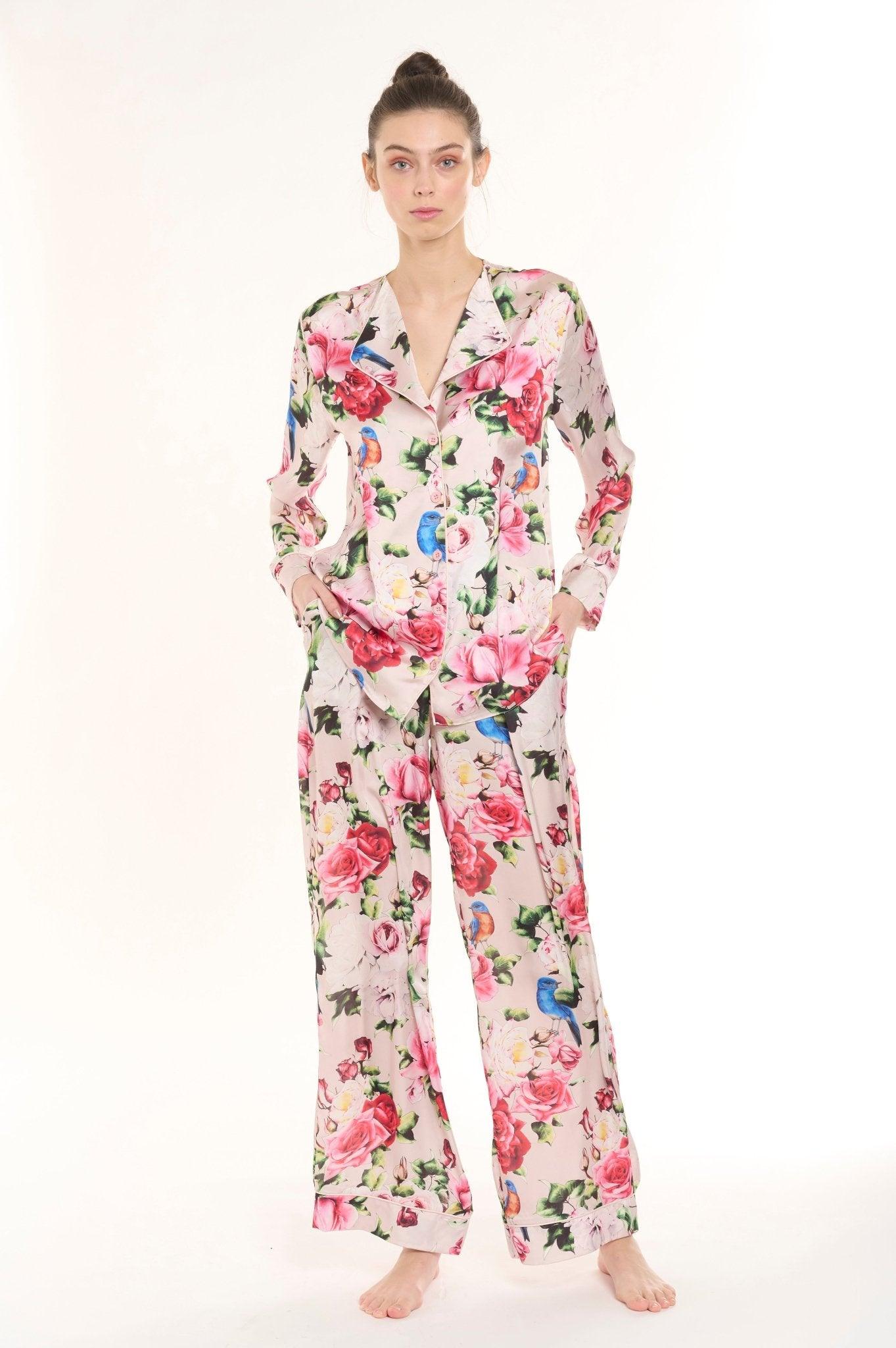 Violetta - Lively Pink Floral Bird Satin Pajama Set - NOWIHT - Pajama Set