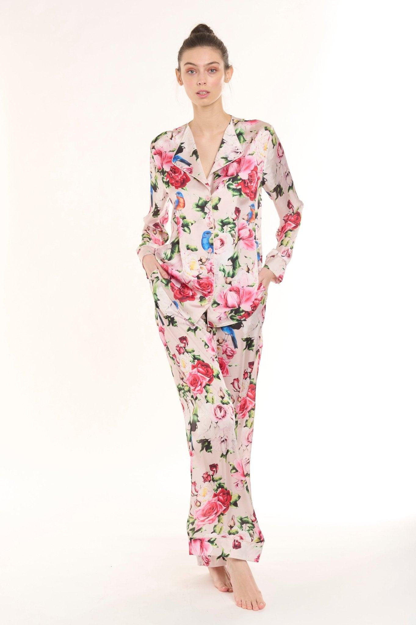 Violetta - Lively Pink Floral Bird Satin Pajama Set - NOWIHT - Pajama Set