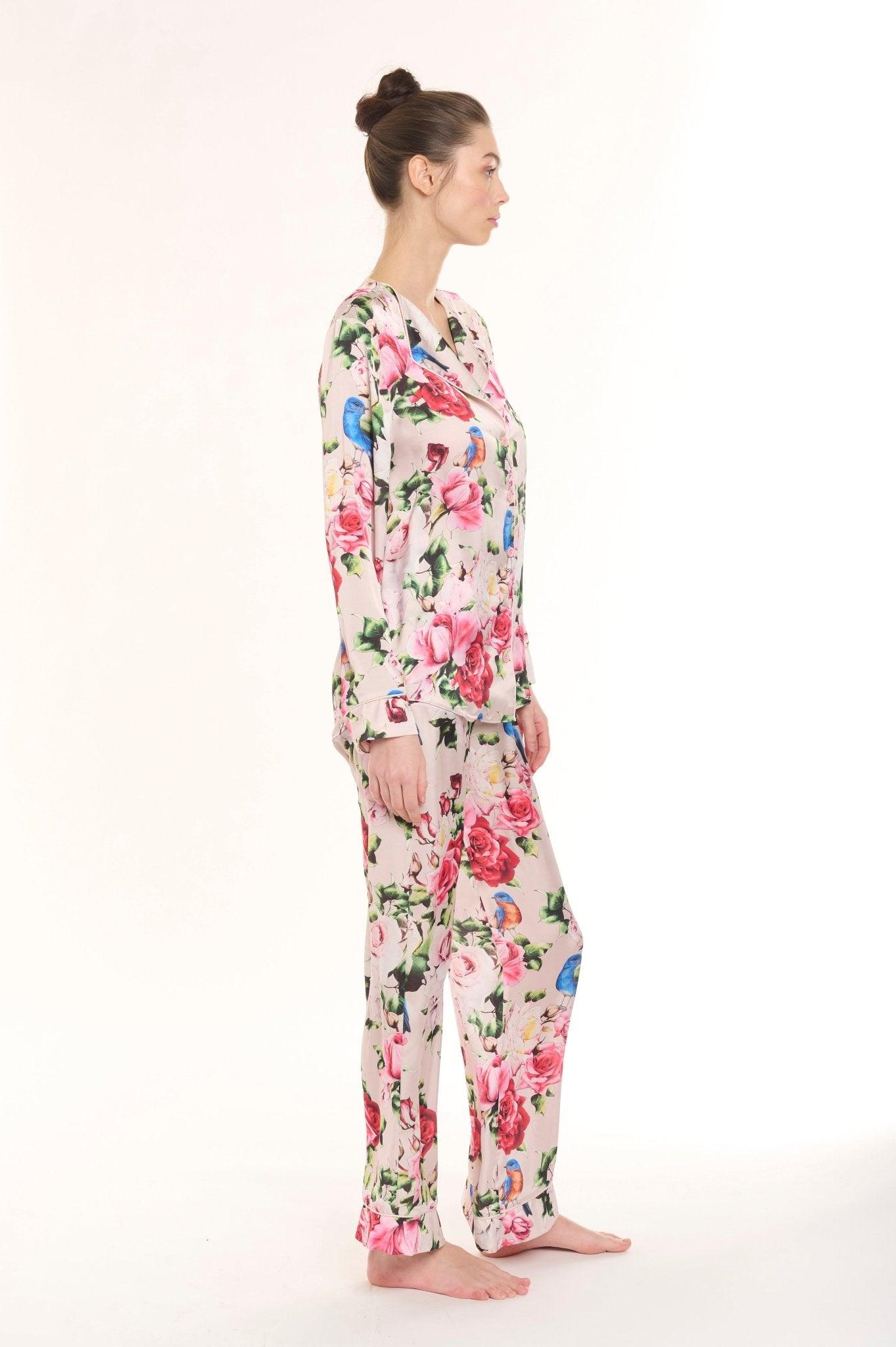 Violetta - Lively Pink Floral Bird Satin Pajama Set - NOWIHT - Pajama Set