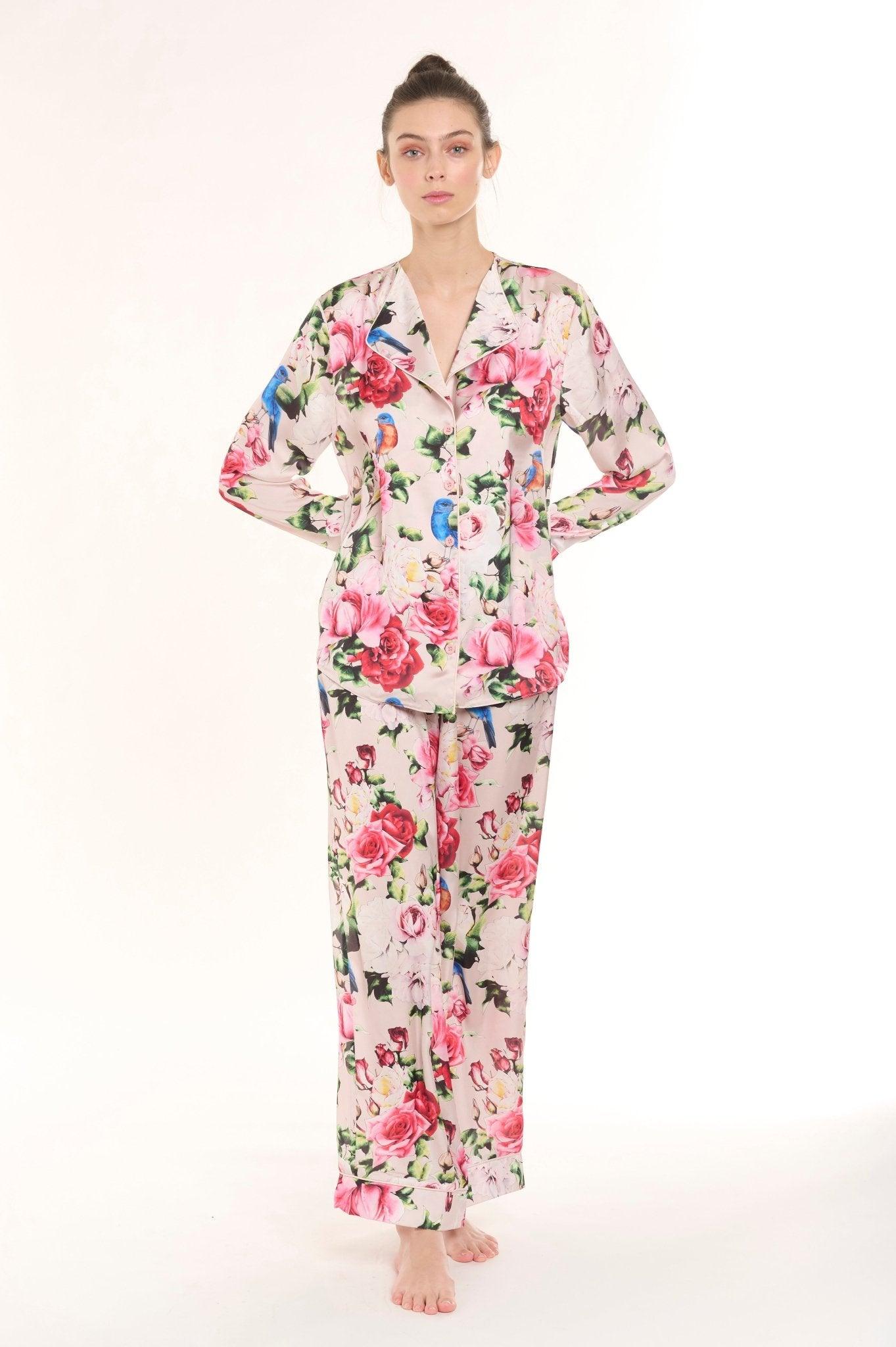 Violetta - Lively Pink Floral Bird Satin Pajama Set - NOWIHT - Pajama Set