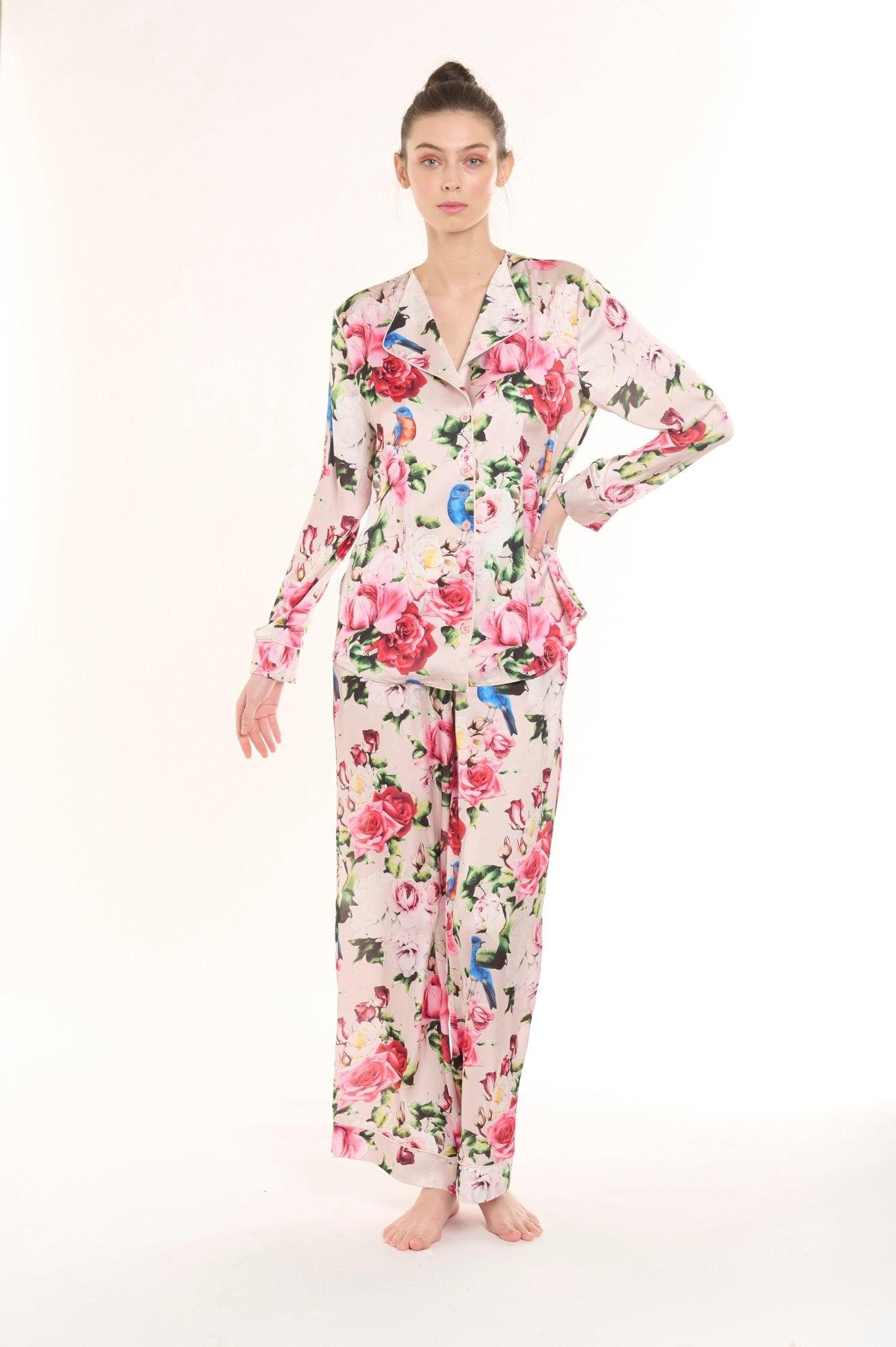 Violetta - Lively Pink Floral Bird Satin Pajama Set - NOWIHT - Pajama Set