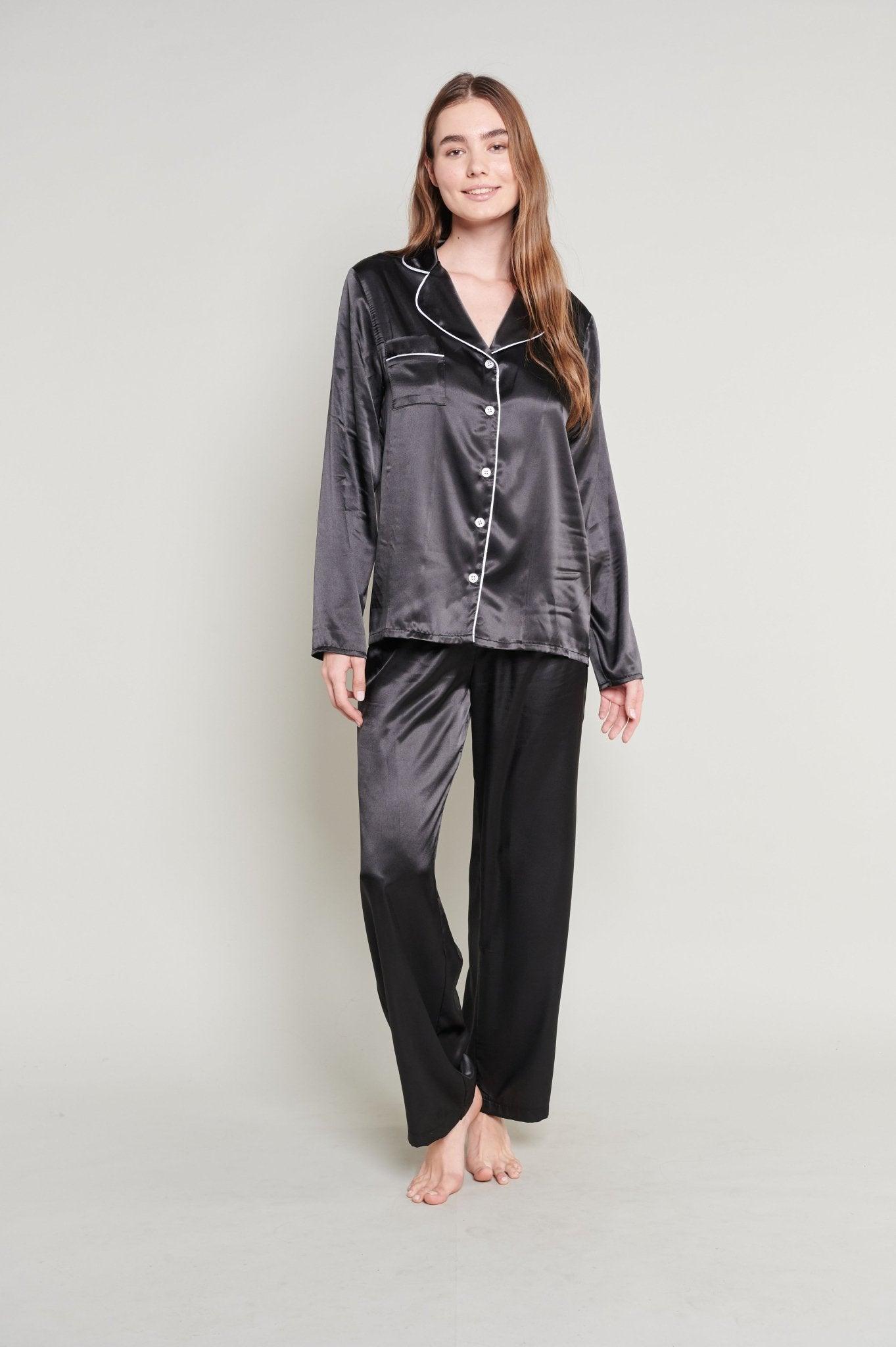 Vivian - Sleek Black Satin Pajama Set - NOWIHT - Pajama Set