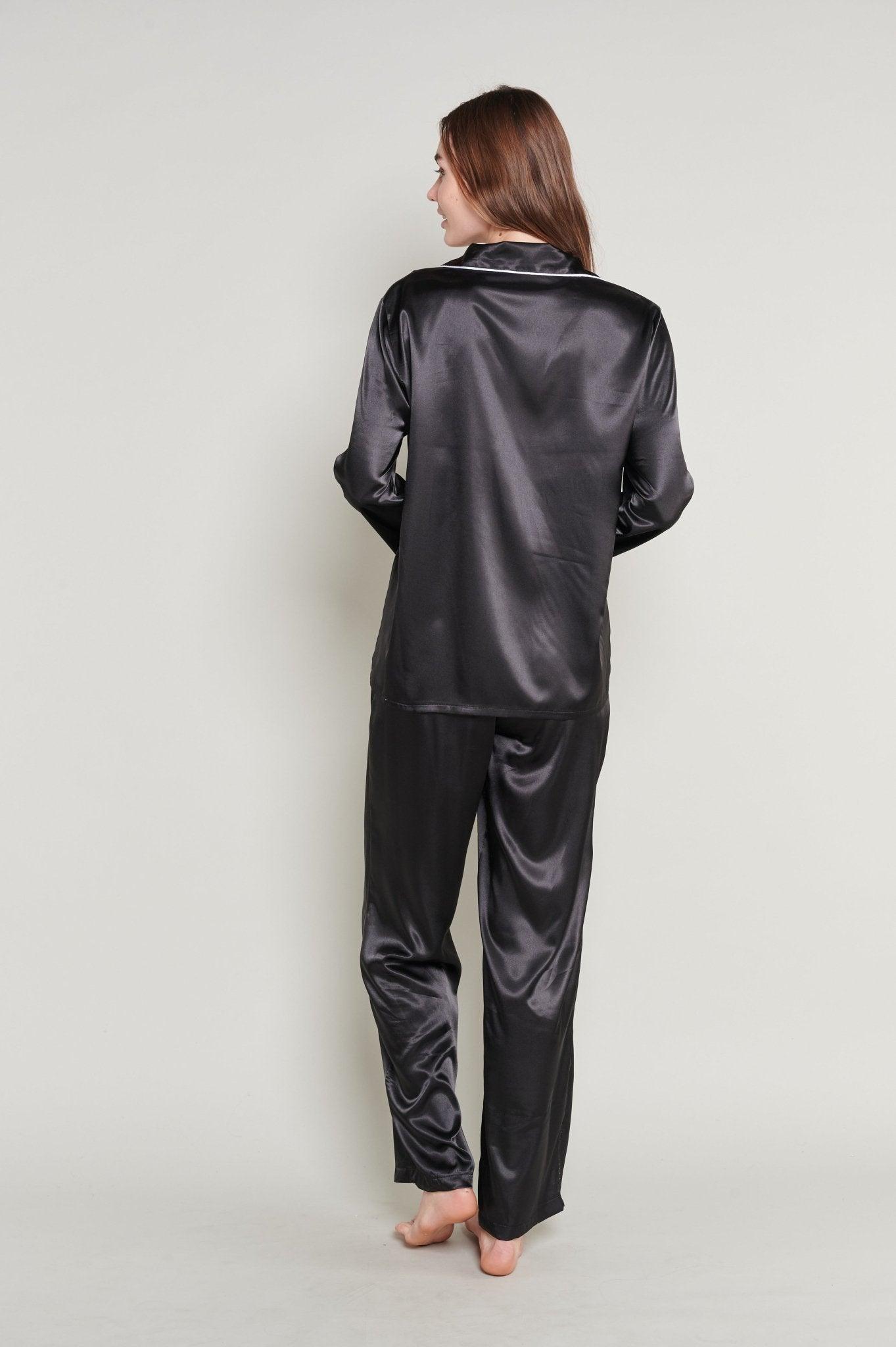 Vivian - Sleek Black Satin Pajama Set - NOWIHT - Pajama Set